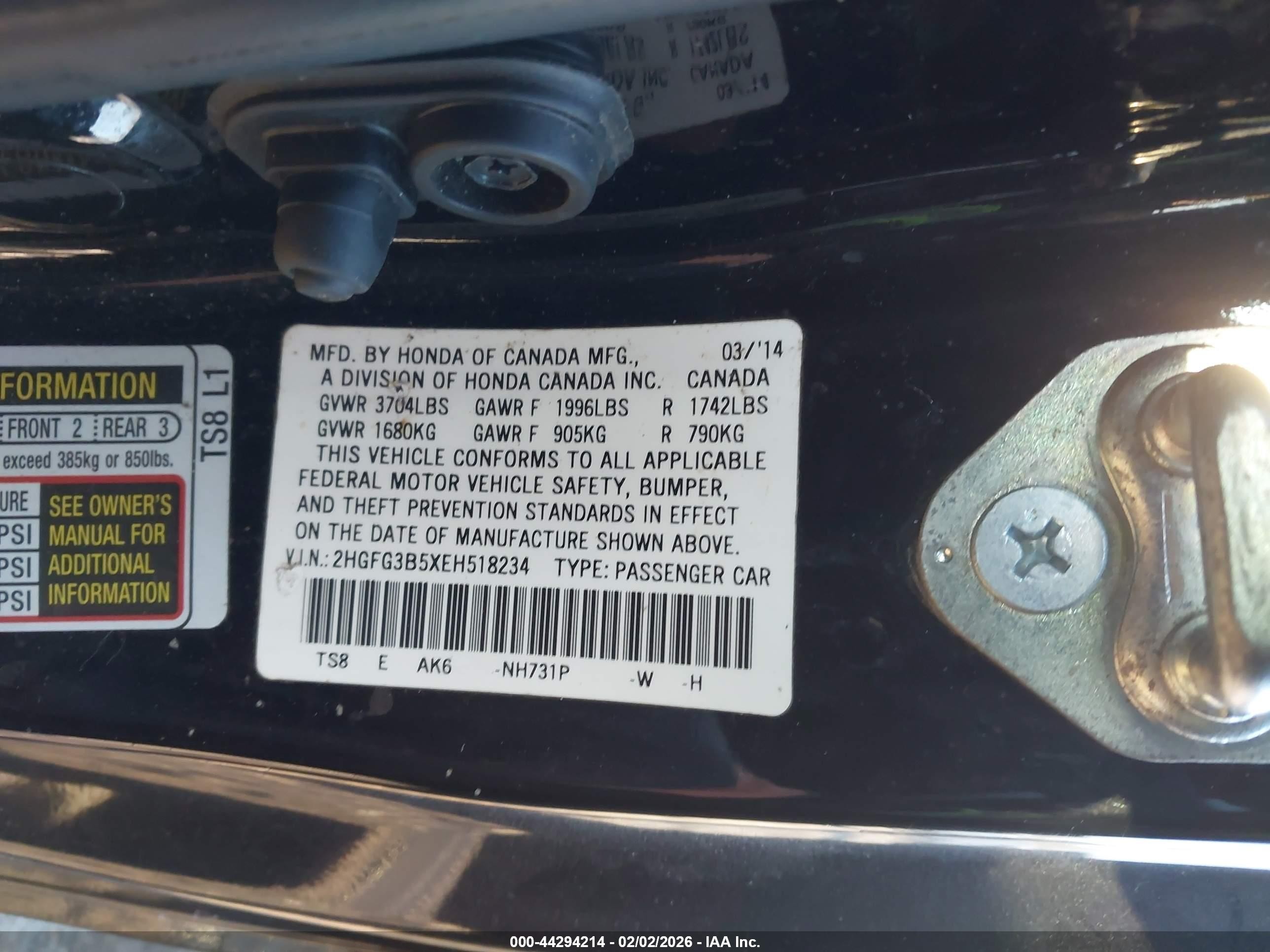 2014 Honda Civic Lx Black vin: 2HGFG3B5XEH518234