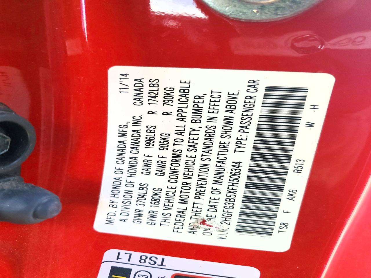2015 Honda Civic Lx Red vin: 2HGFG3B5XFH506344