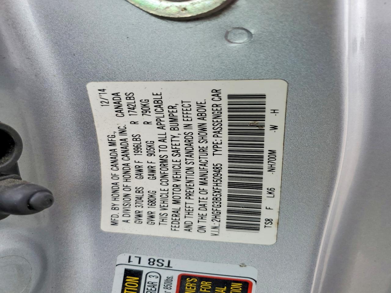2015 Honda Civic Lx Silver vin: 2HGFG3B5XFH509485