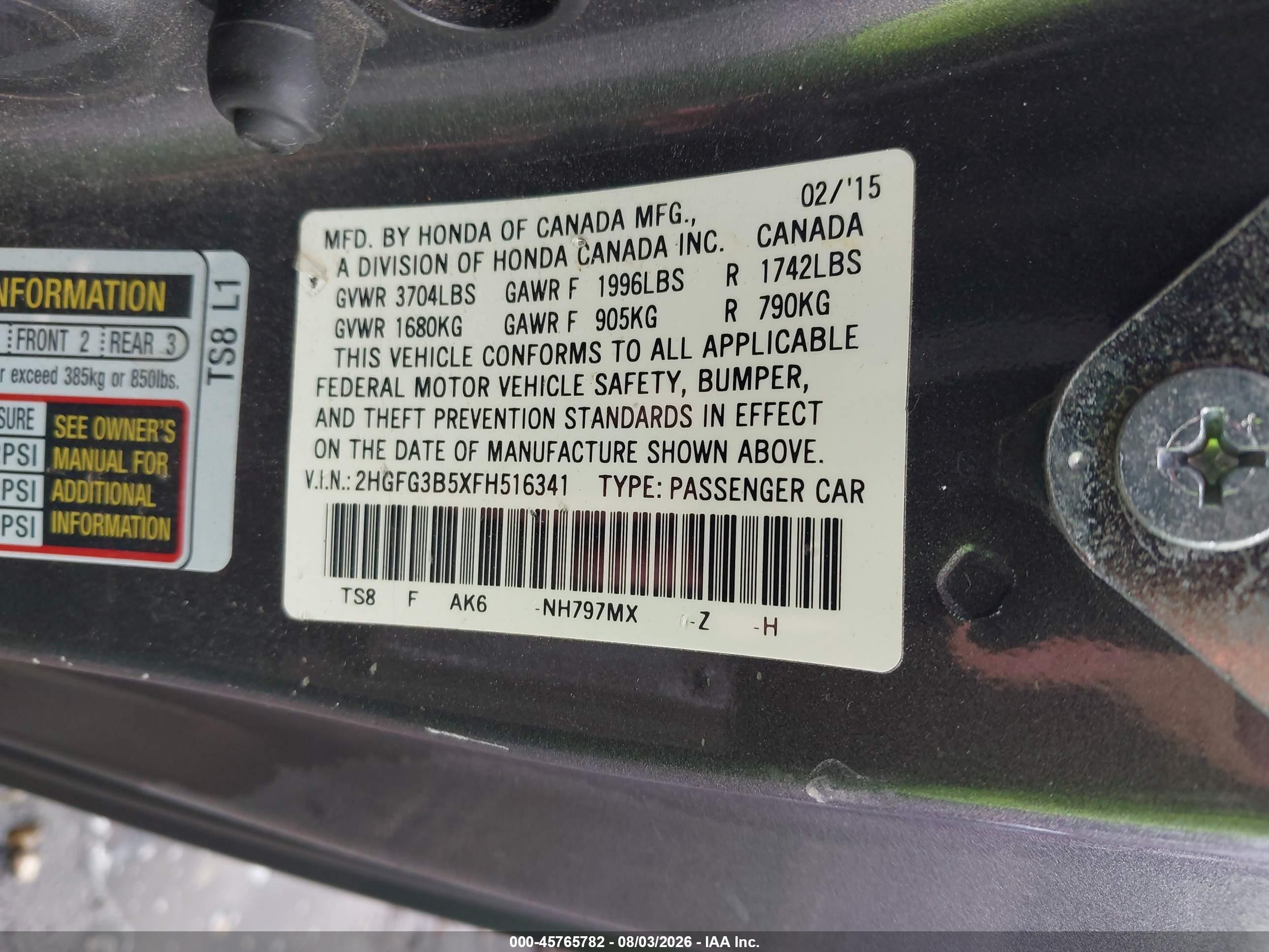 2015 Honda Civic Lx Gray vin: 2HGFG3B5XFH516341