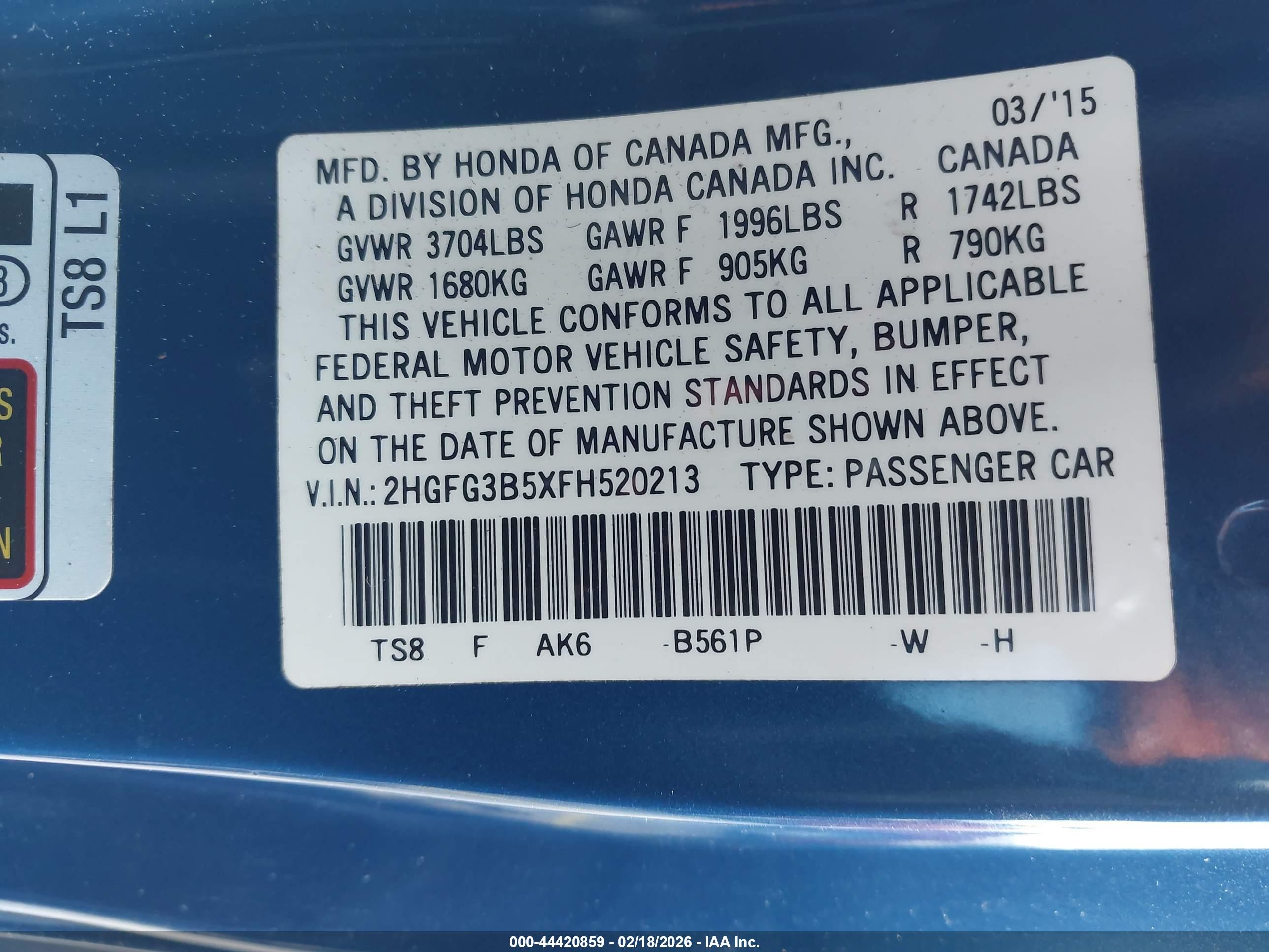 2015 Honda Civic Lx Синий vin: 2HGFG3B5XFH520213