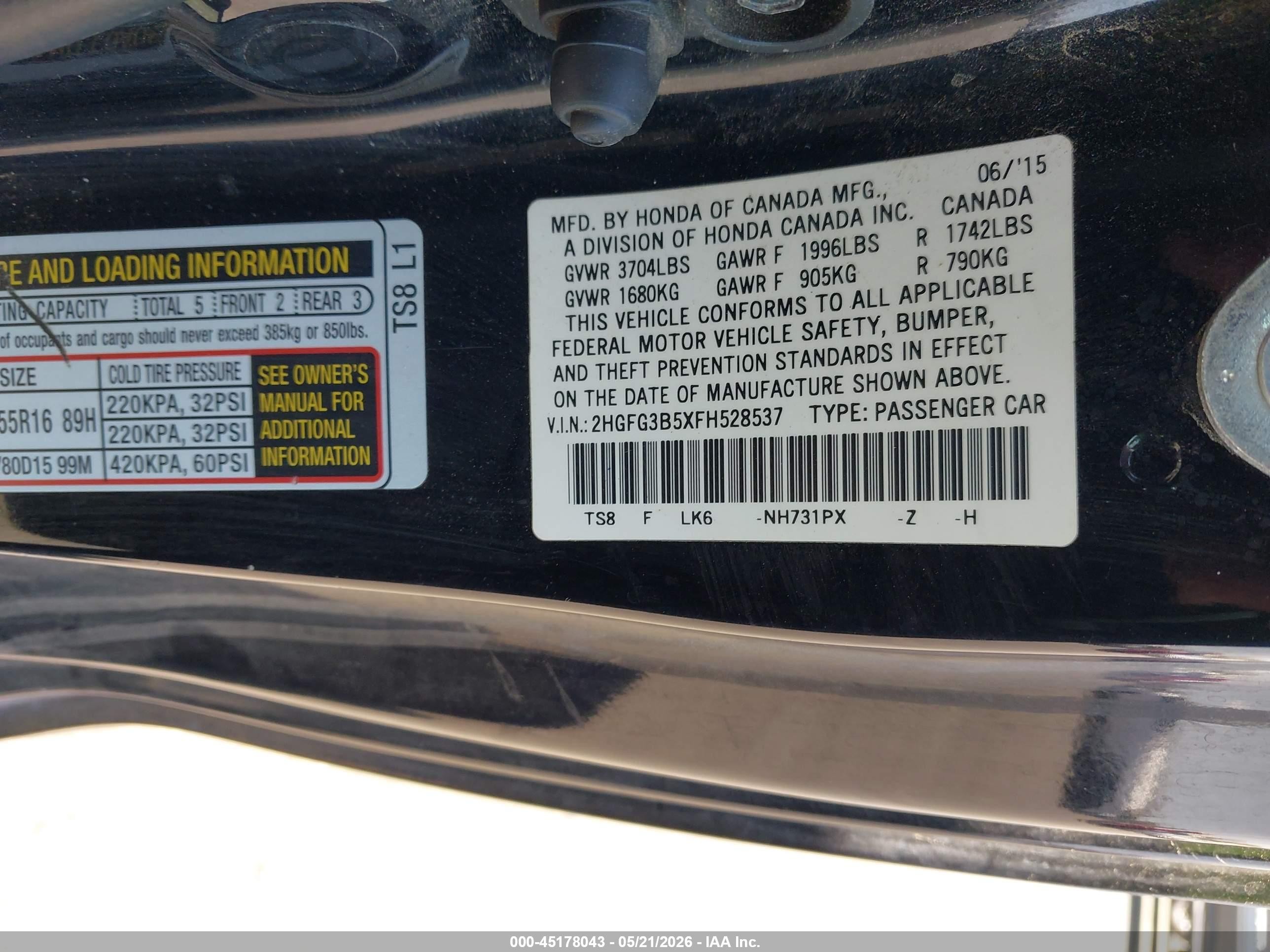 2015 Honda Civic Lx Black vin: 2HGFG3B5XFH528537