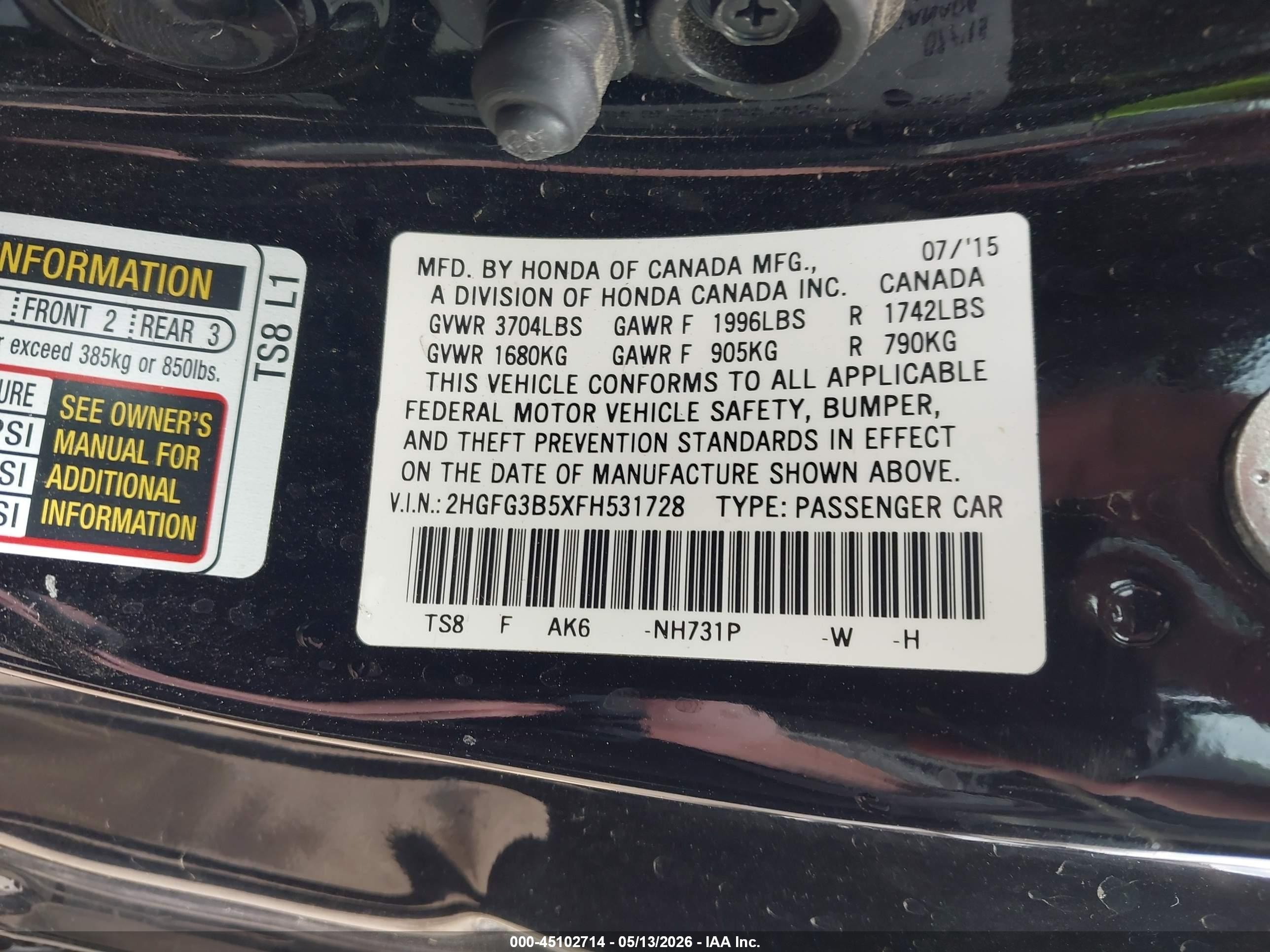 2015 Honda Civic Lx Black vin: 2HGFG3B5XFH531728