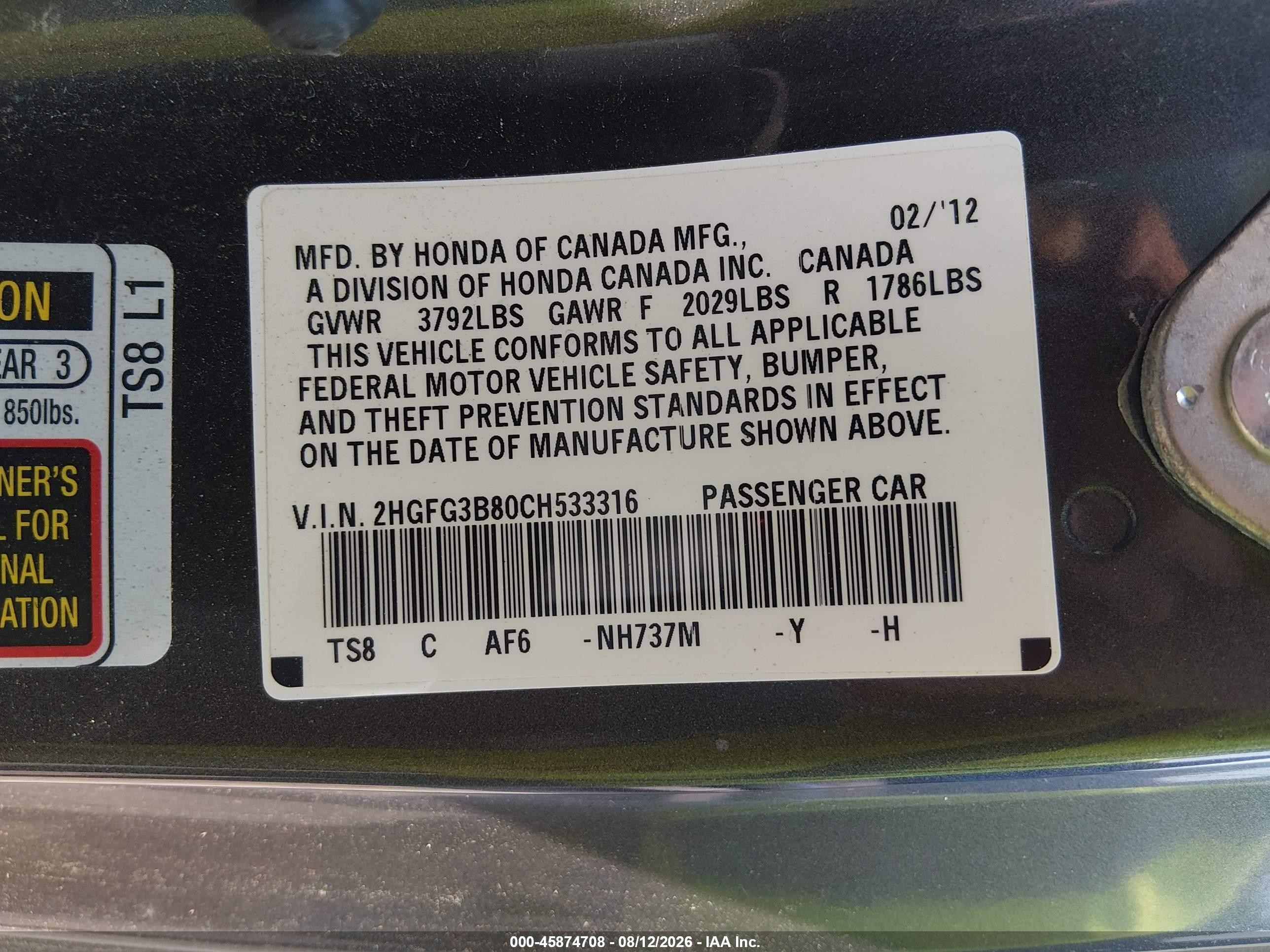 2012 Honda Civic Ex Gray vin: 2HGFG3B80CH533316