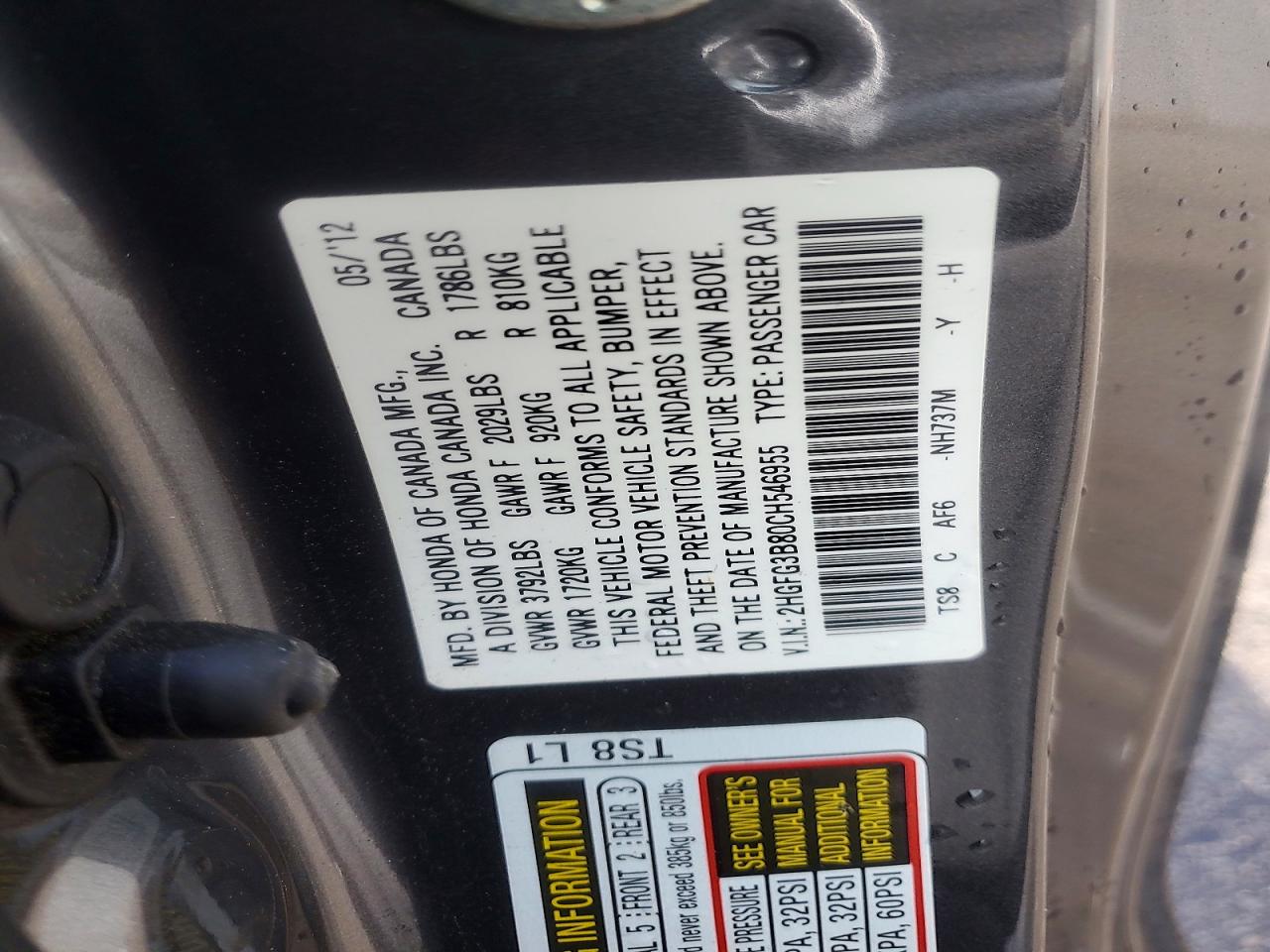2012 Honda Civic Ex Gray vin: 2HGFG3B80CH546955
