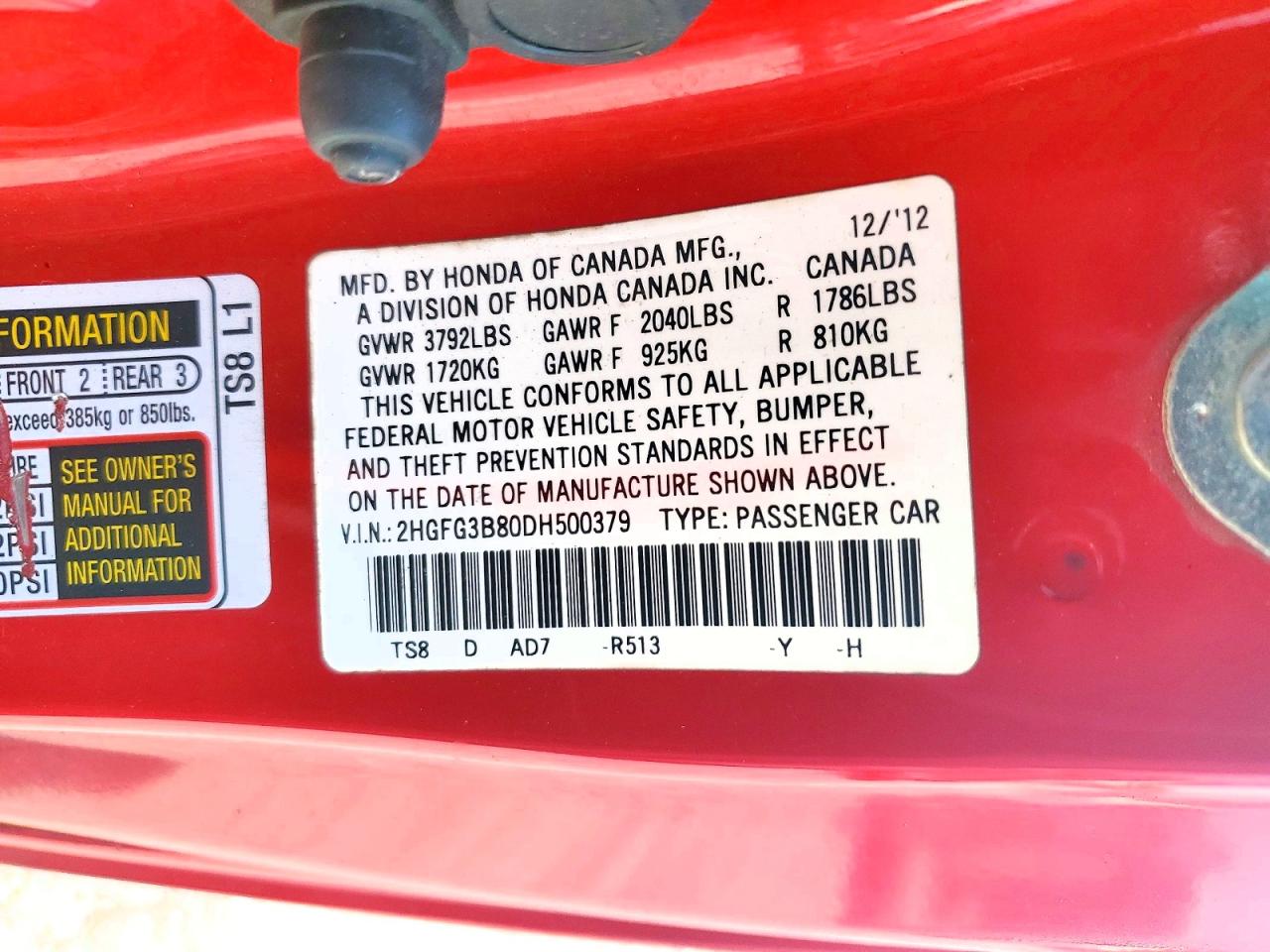 2013 Honda Civic Ex Red vin: 2HGFG3B80DH500379