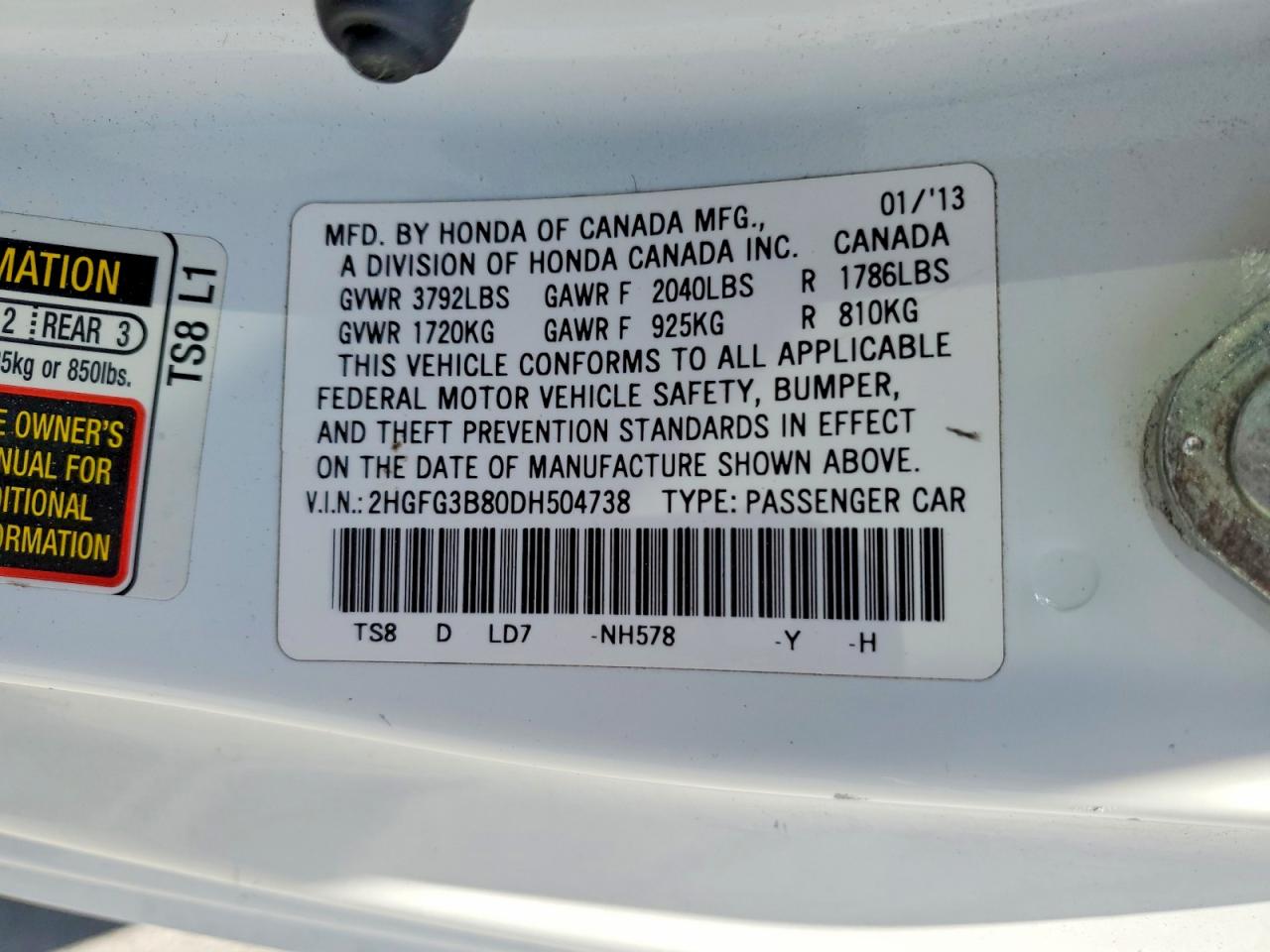 2013 Honda Civic Ex White vin: 2HGFG3B80DH504738