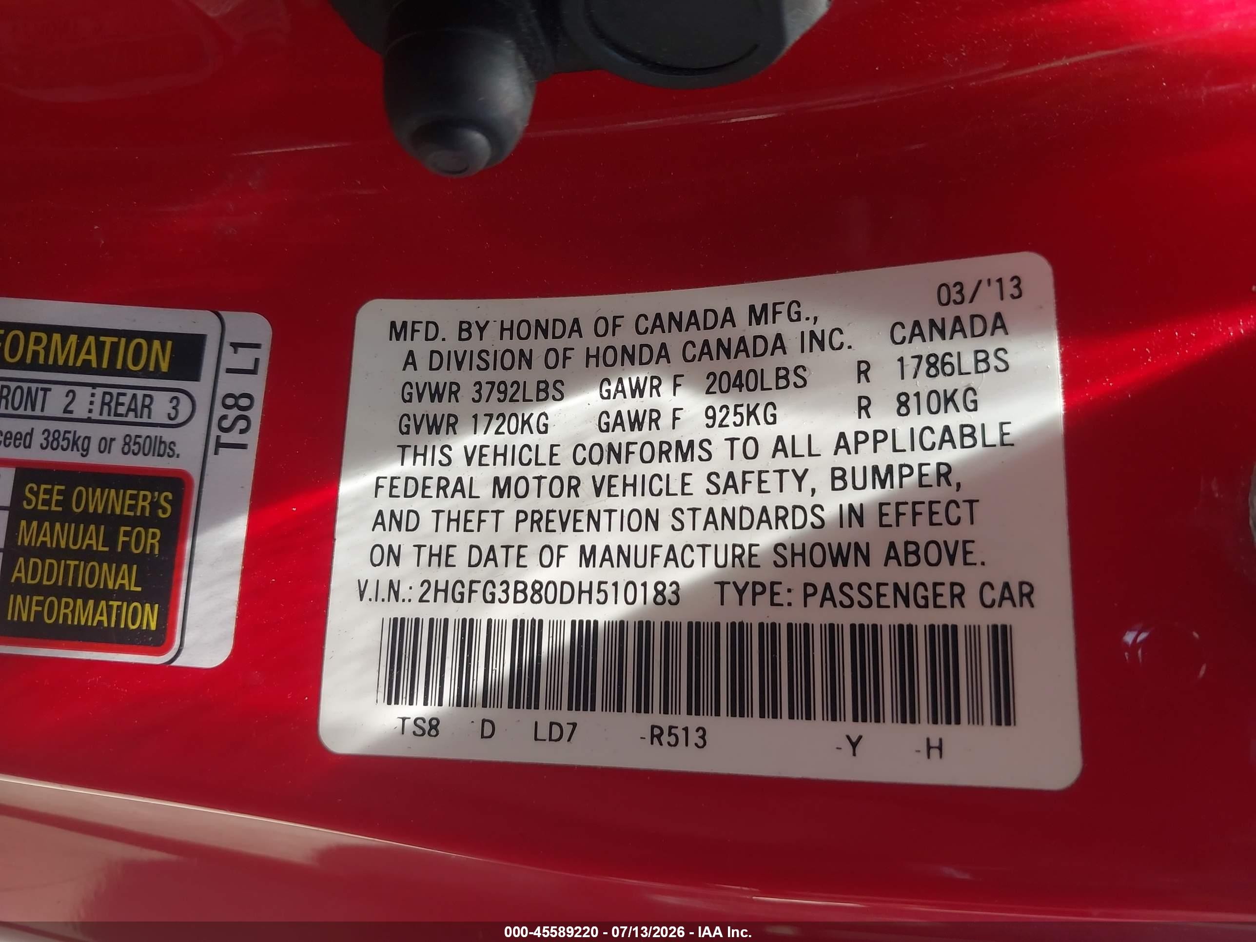 2013 Honda Civic Ex Red vin: 2HGFG3B80DH510183