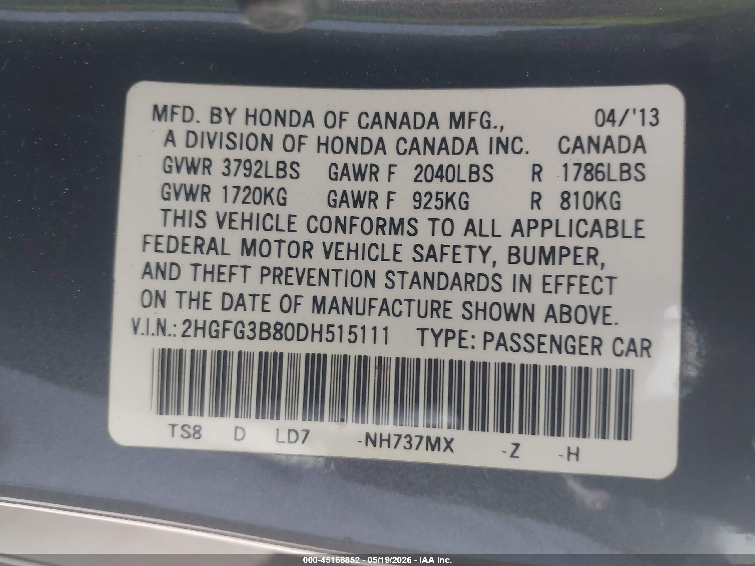 2013 Honda Civic Ex Gray vin: 2HGFG3B80DH515111