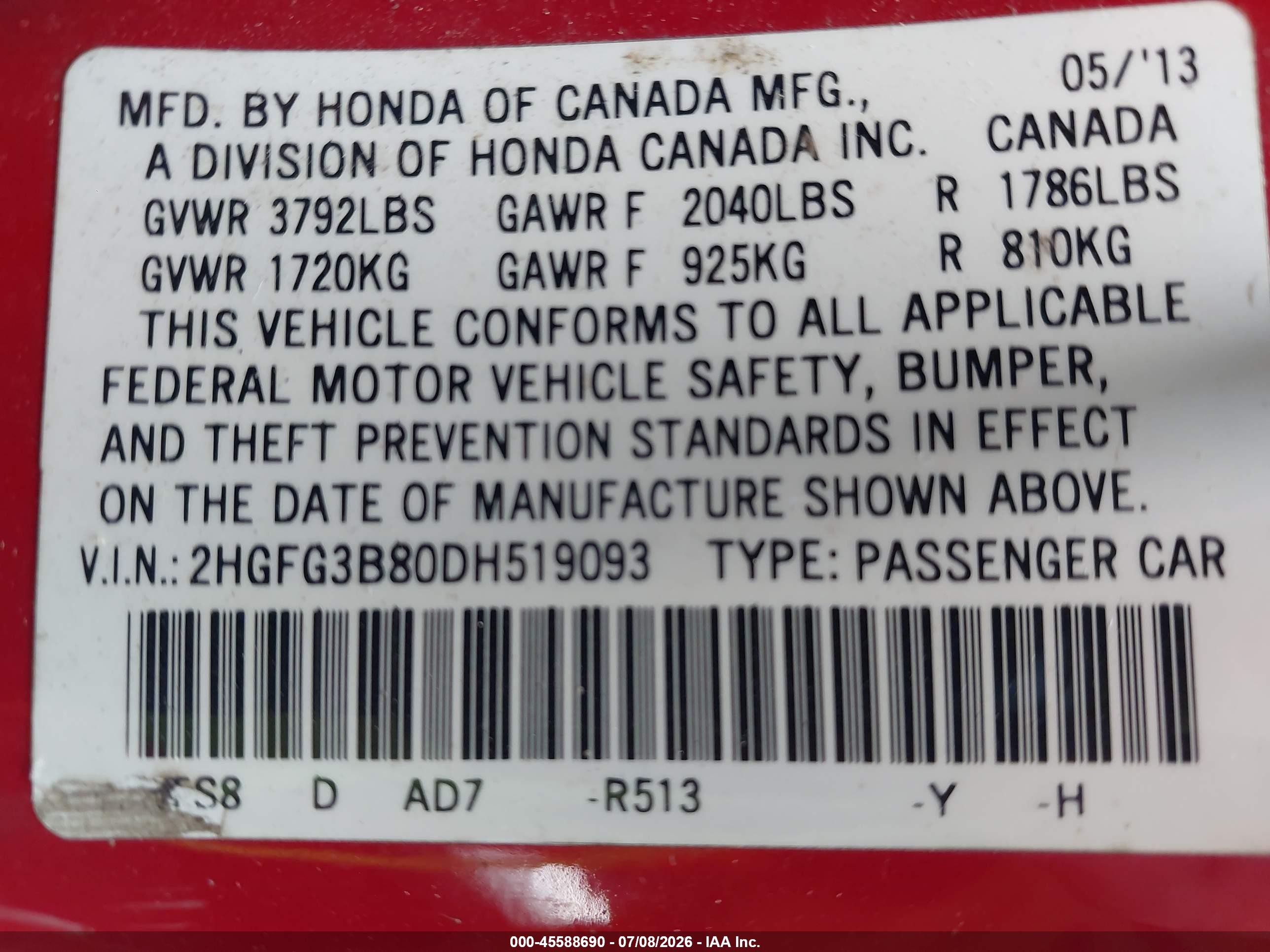 2013 Honda Civic Ex Red vin: 2HGFG3B80DH519093