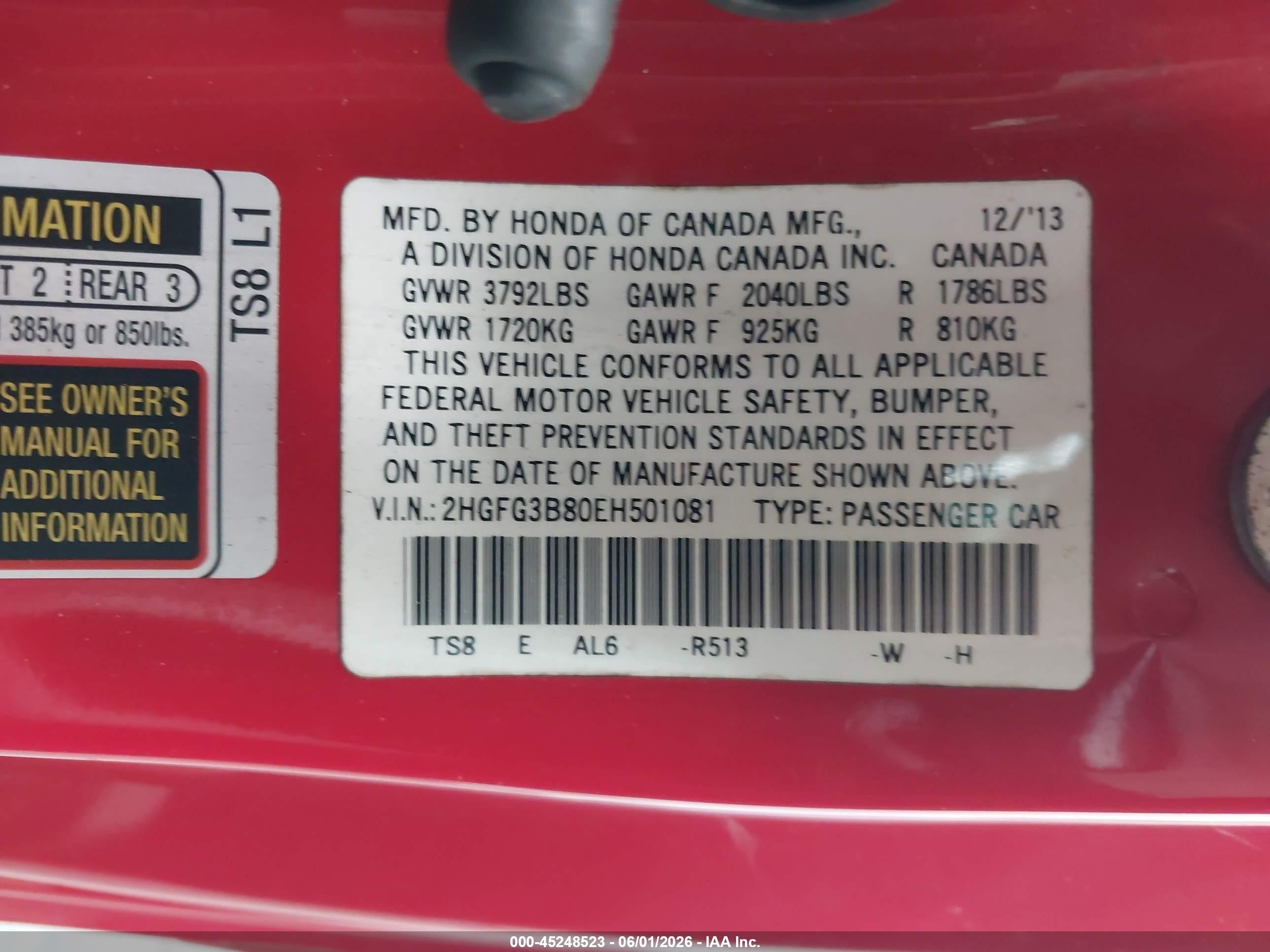 2014 Honda Civic Ex Red vin: 2HGFG3B80EH501081