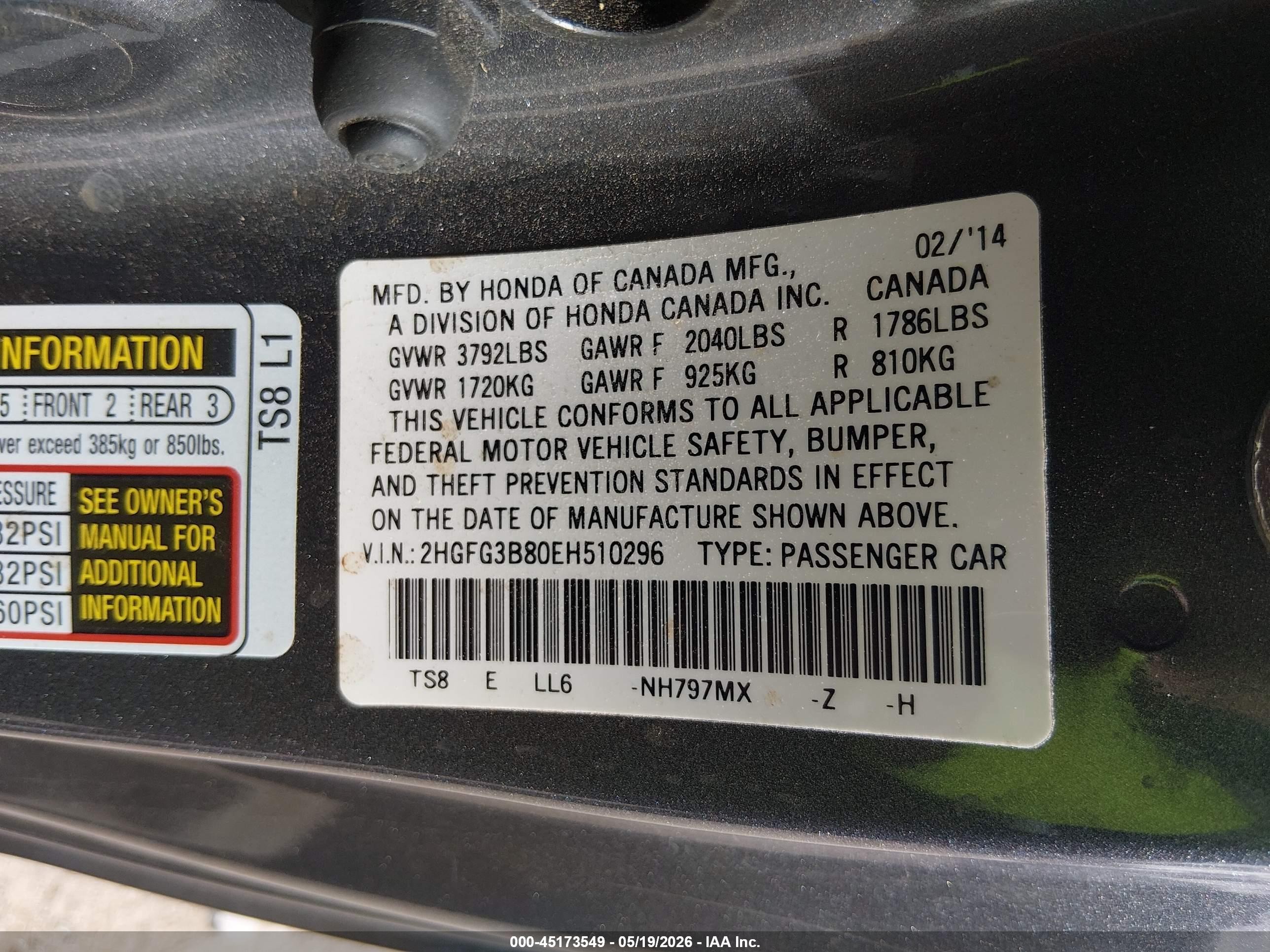 2014 Honda Civic Ex Gray vin: 2HGFG3B80EH510296