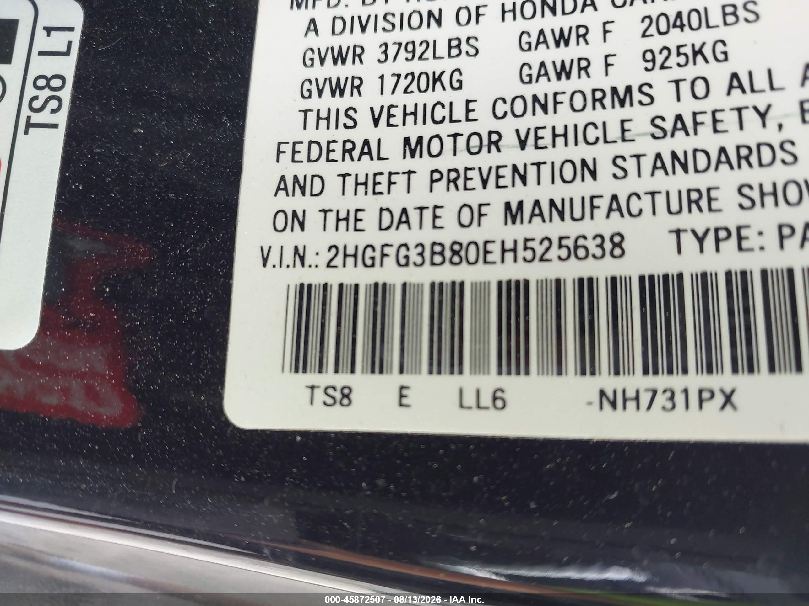 2014 Honda Civic Ex Black vin: 2HGFG3B80EH525638
