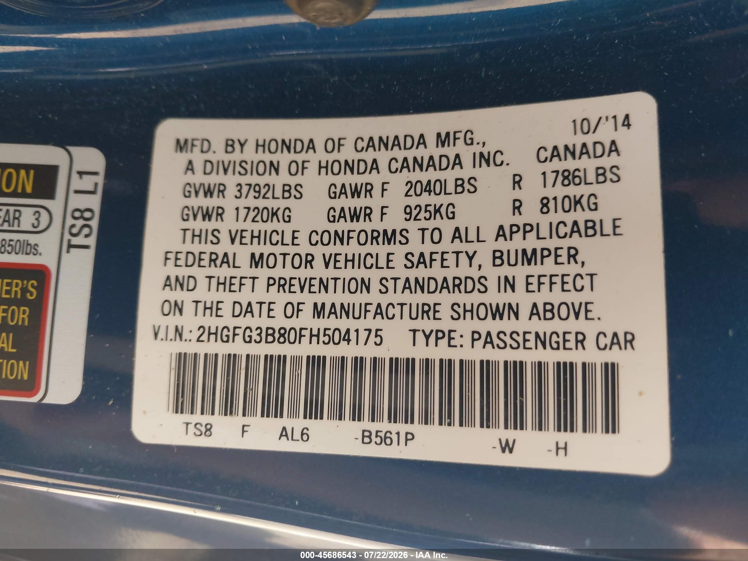 2015 Honda Civic Ex Blue vin: 2HGFG3B80FH504175