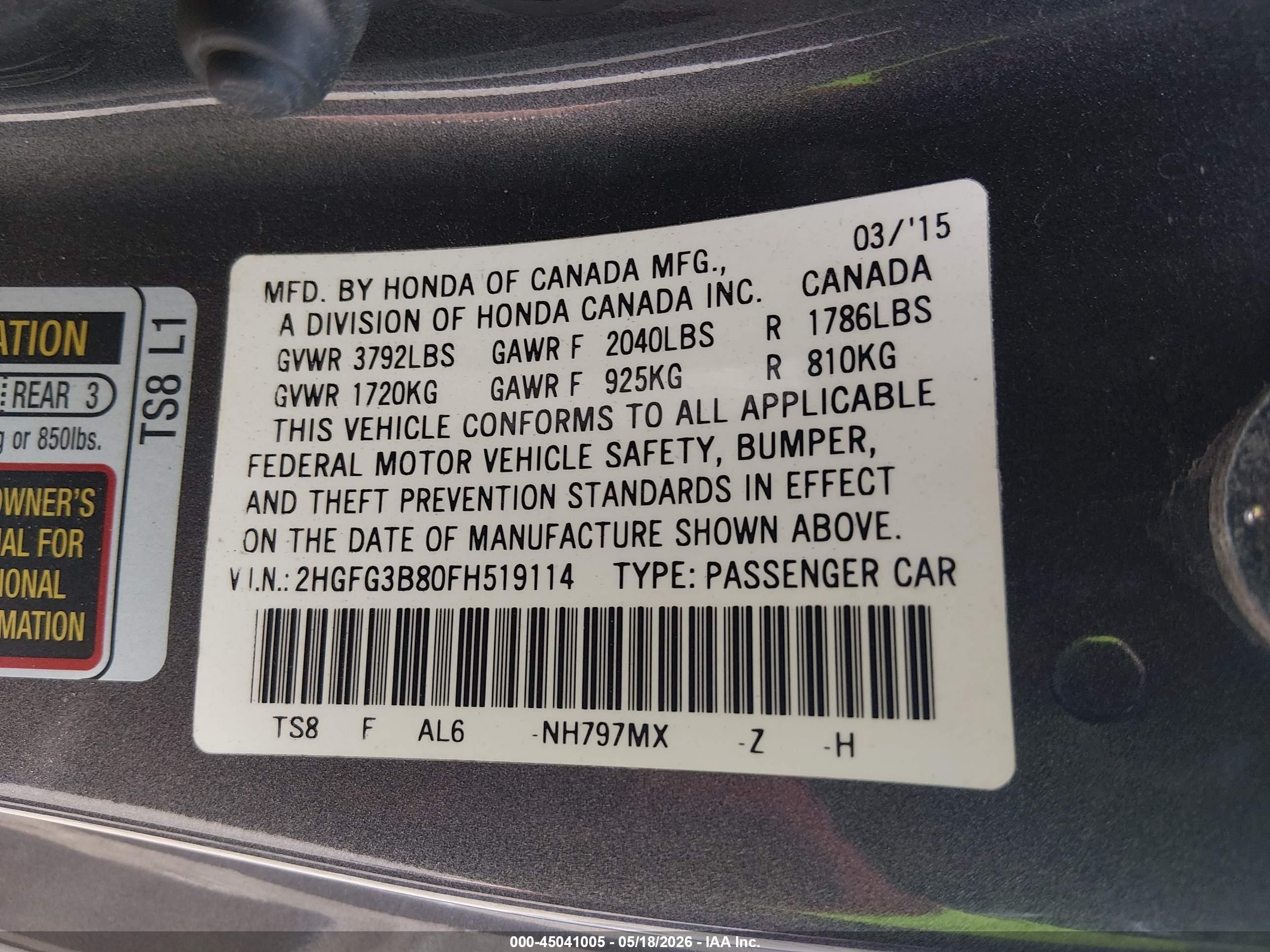 2015 Honda Civic Ex Gray vin: 2HGFG3B80FH519114