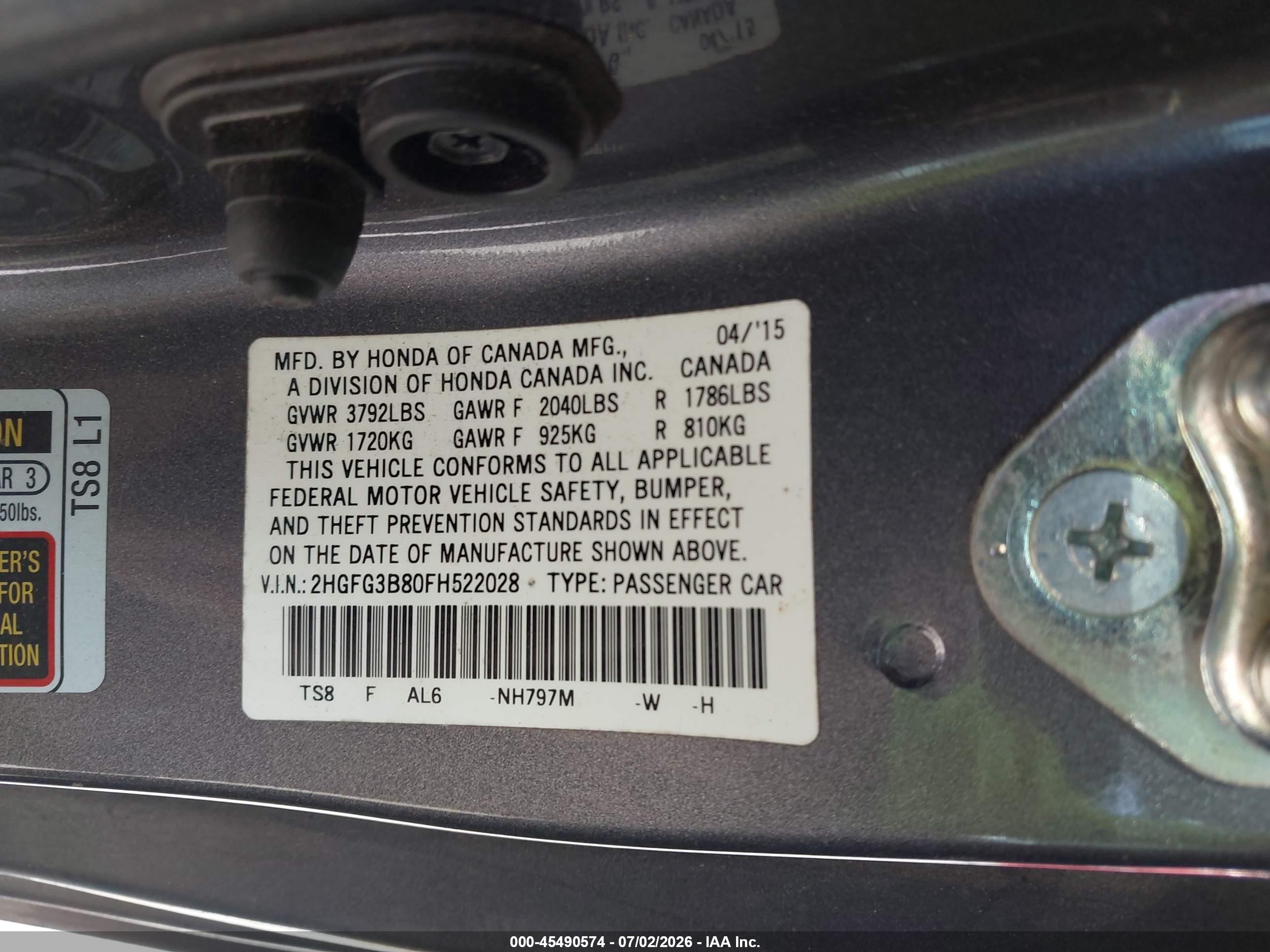 2015 Honda Civic Ex Gray vin: 2HGFG3B80FH522028