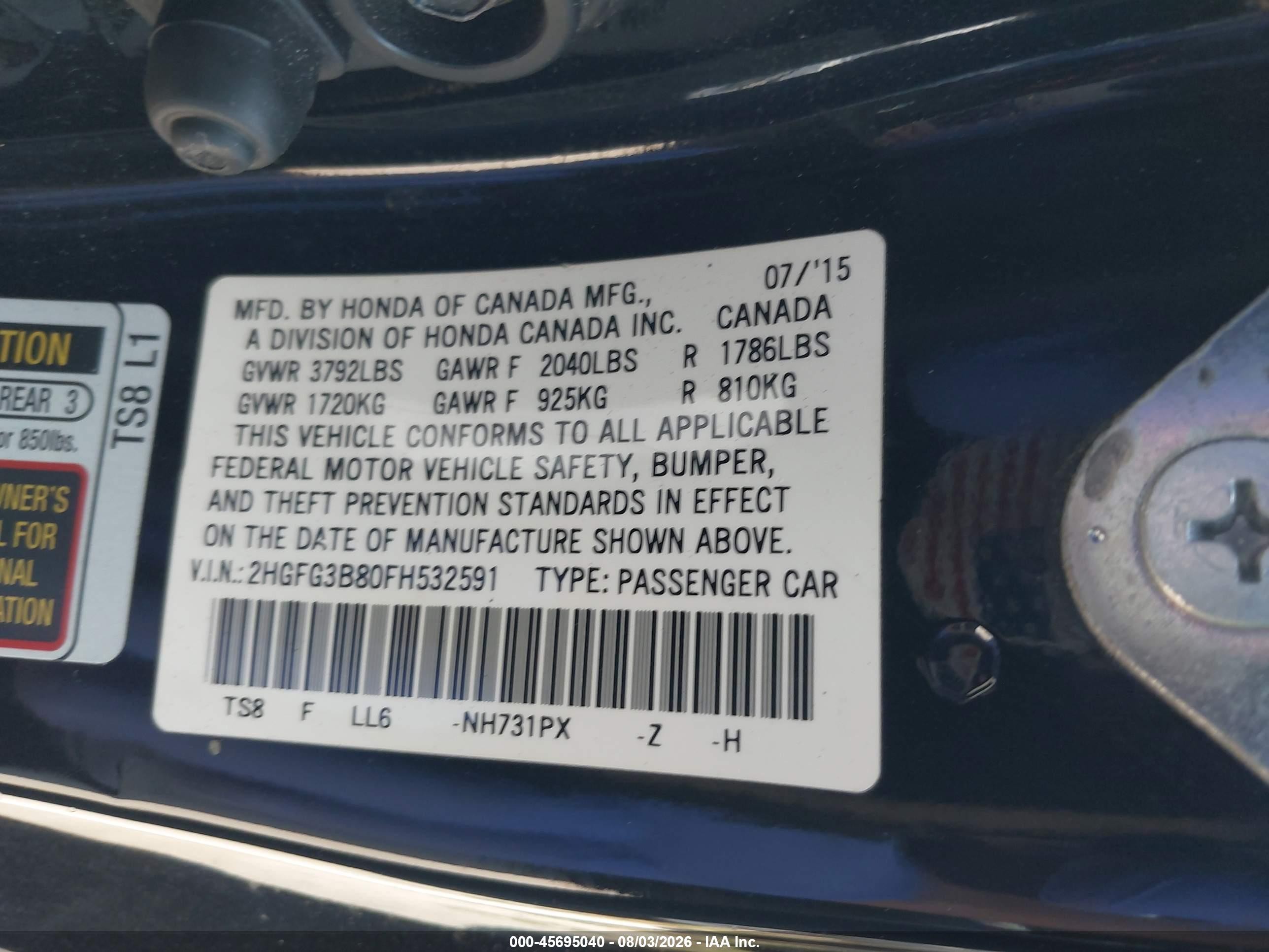 2015 Honda Civic Ex Black vin: 2HGFG3B80FH532591