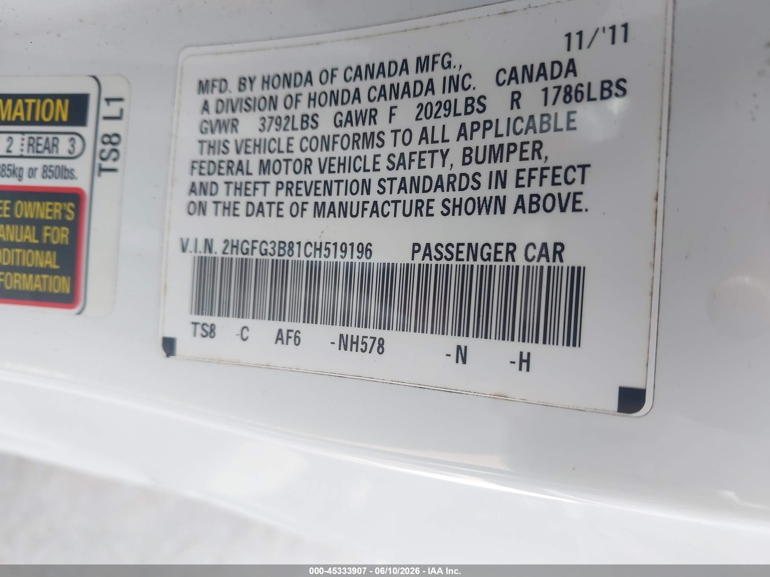 2012 Honda Civic Ex White vin: 2HGFG3B81CH519196