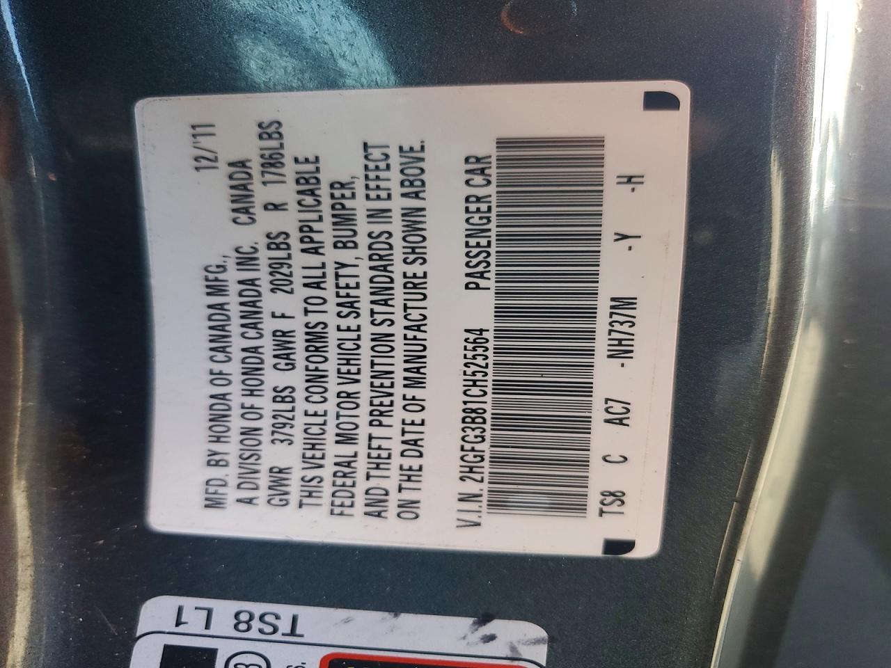 2012 Honda Civic Ex Gray vin: 2HGFG3B81CH525564