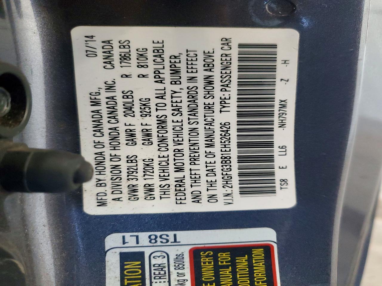 2014 Honda Civic Ex Gray vin: 2HGFG3B81EH526426