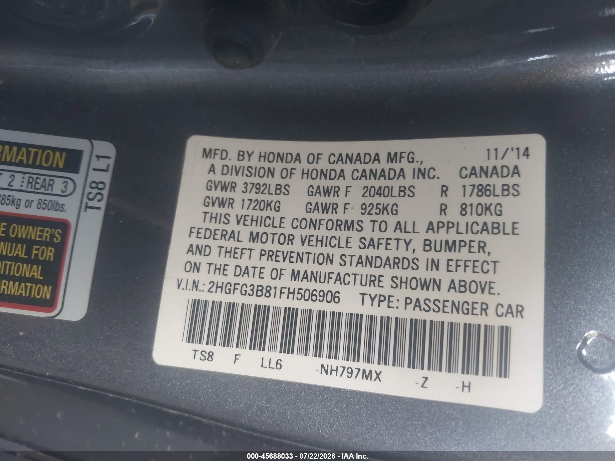 2015 Honda Civic Ex Gray vin: 2HGFG3B81FH506906