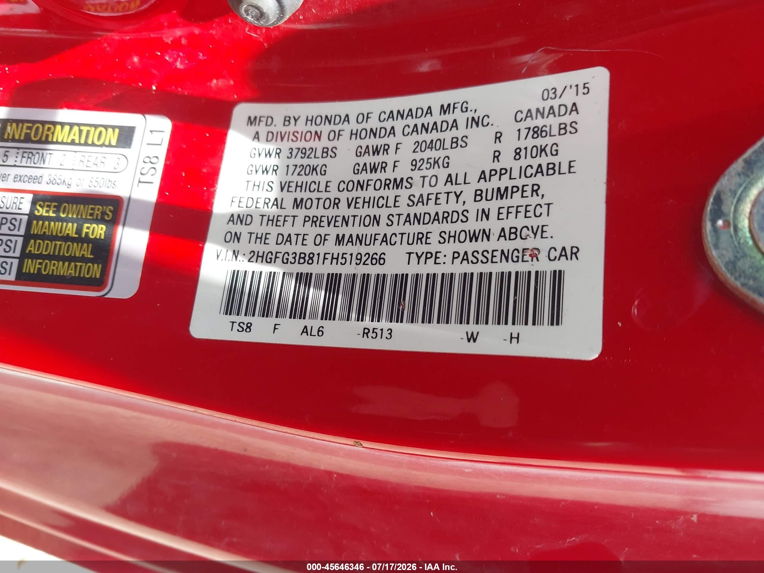 2015 Honda Civic Ex Red vin: 2HGFG3B81FH519266