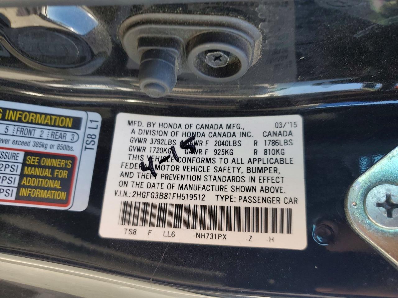 2015 Honda Civic Ex Black vin: 2HGFG3B81FH519512