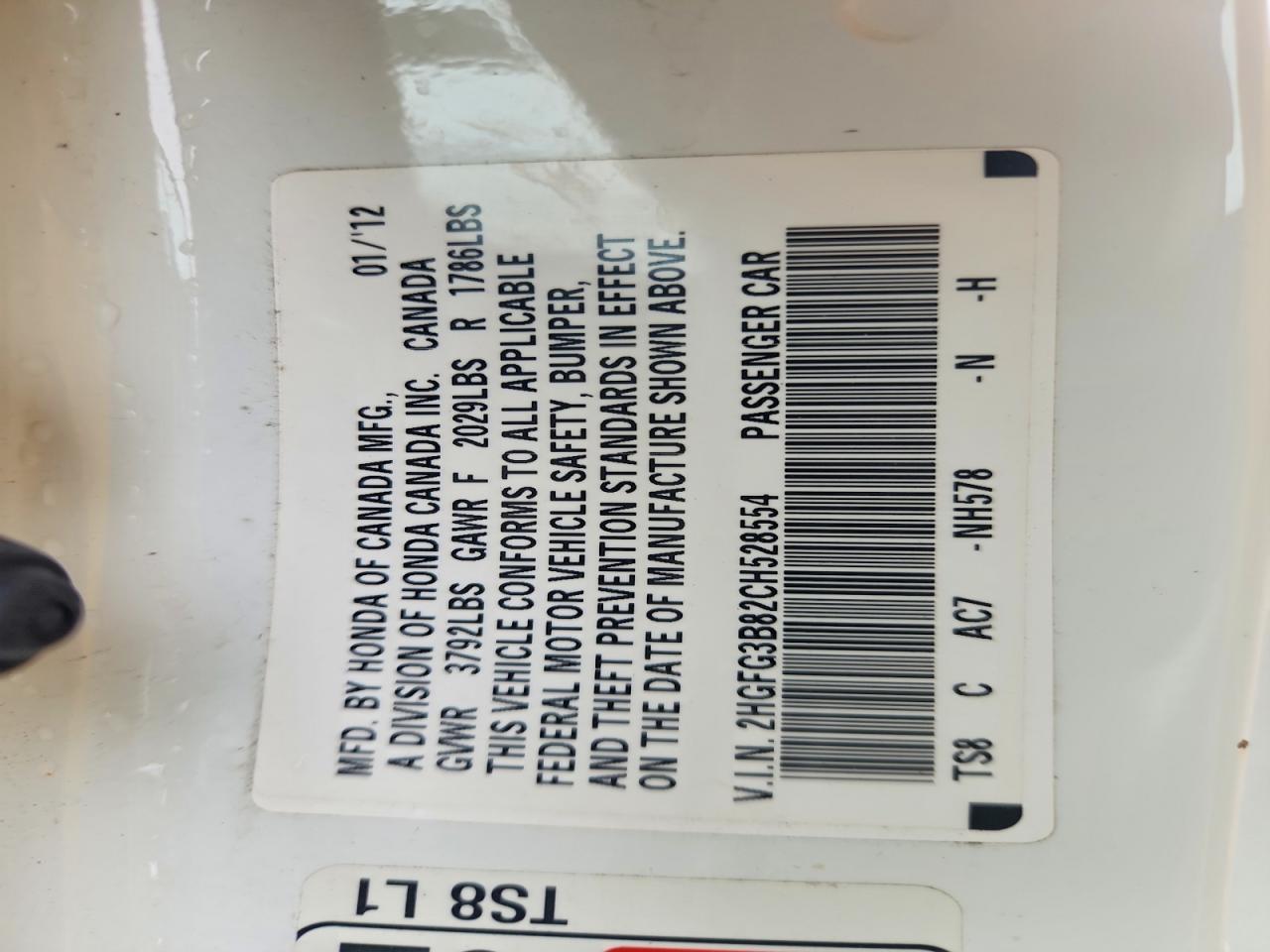 2012 Honda Civic Ex White vin: 2HGFG3B82CH528554