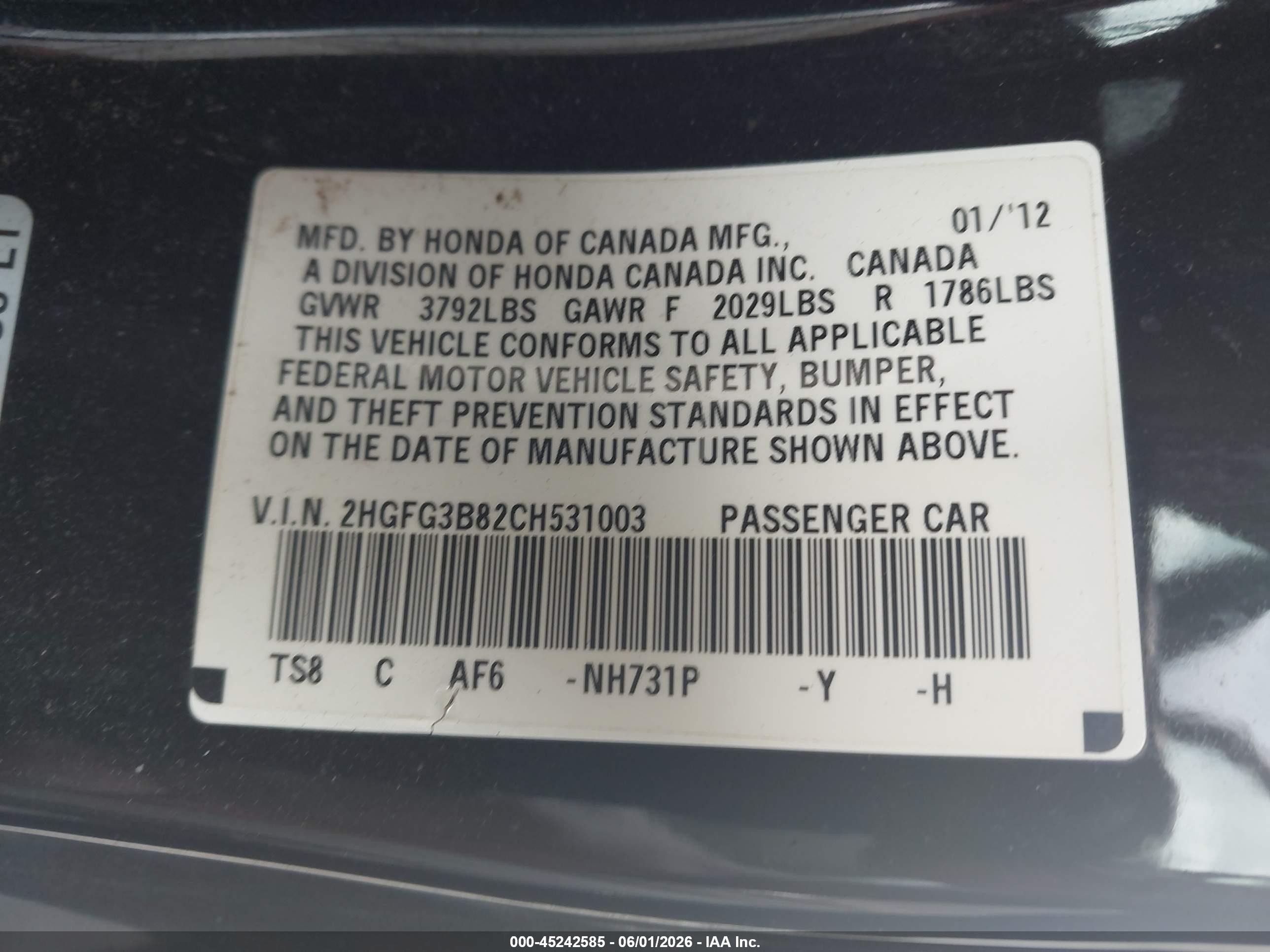 2012 Honda Civic Ex Черный vin: 2HGFG3B82CH531003