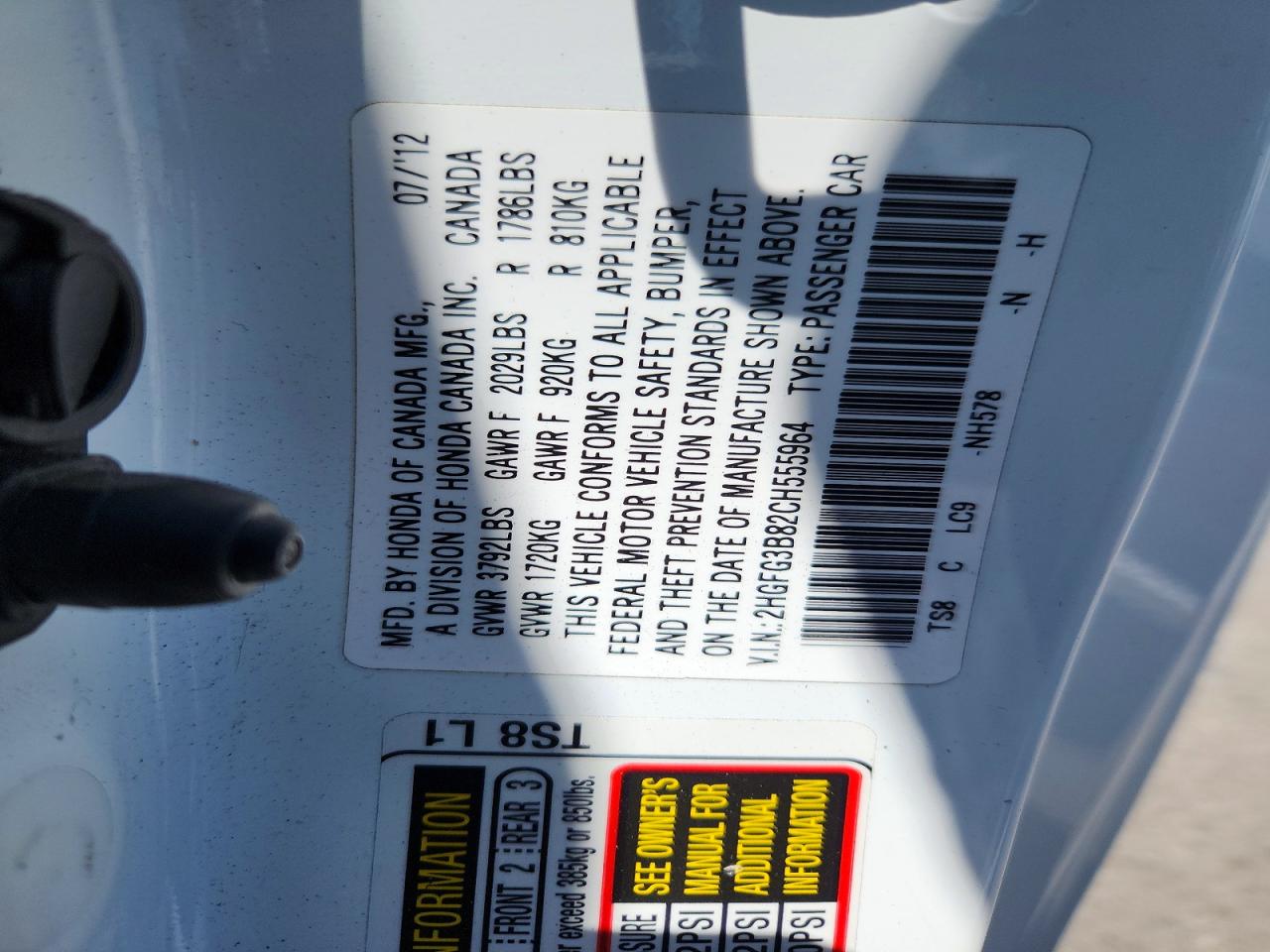 2012 Honda Civic Ex White vin: 2HGFG3B82CH555964
