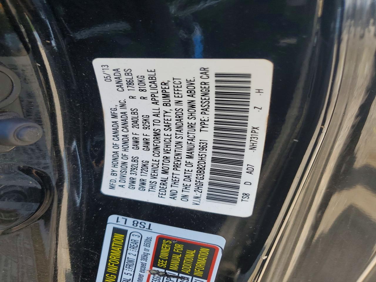 2013 Honda Civic Ex Black vin: 2HGFG3B82DH519631