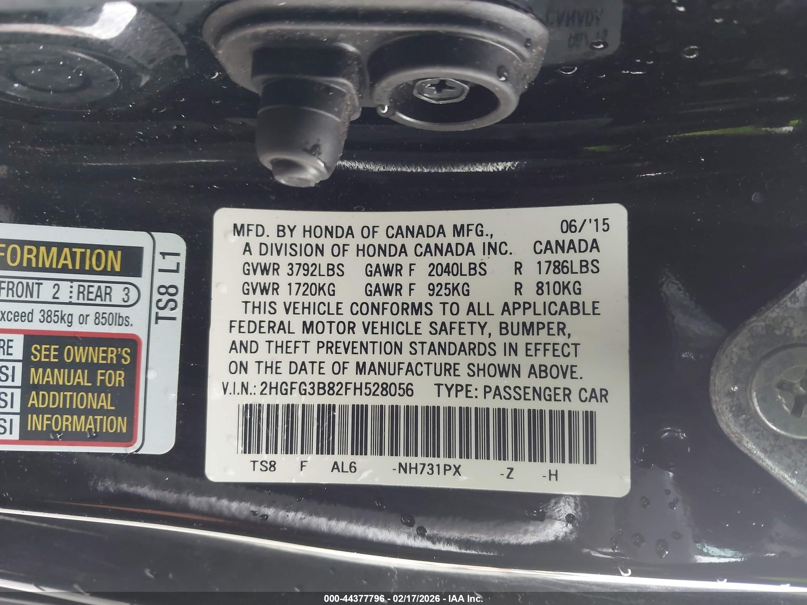 2015 Honda Civic Ex Black vin: 2HGFG3B82FH528056