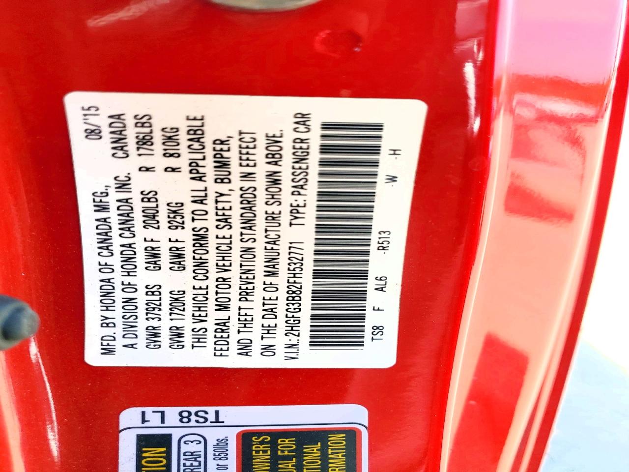 2015 Honda Civic Ex Red vin: 2HGFG3B82FH532771