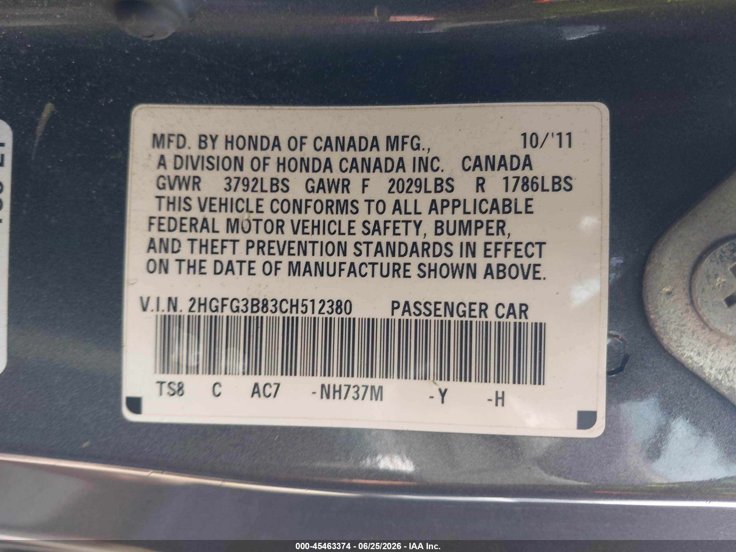 2012 Honda Civic Ex Gray vin: 2HGFG3B83CH512380