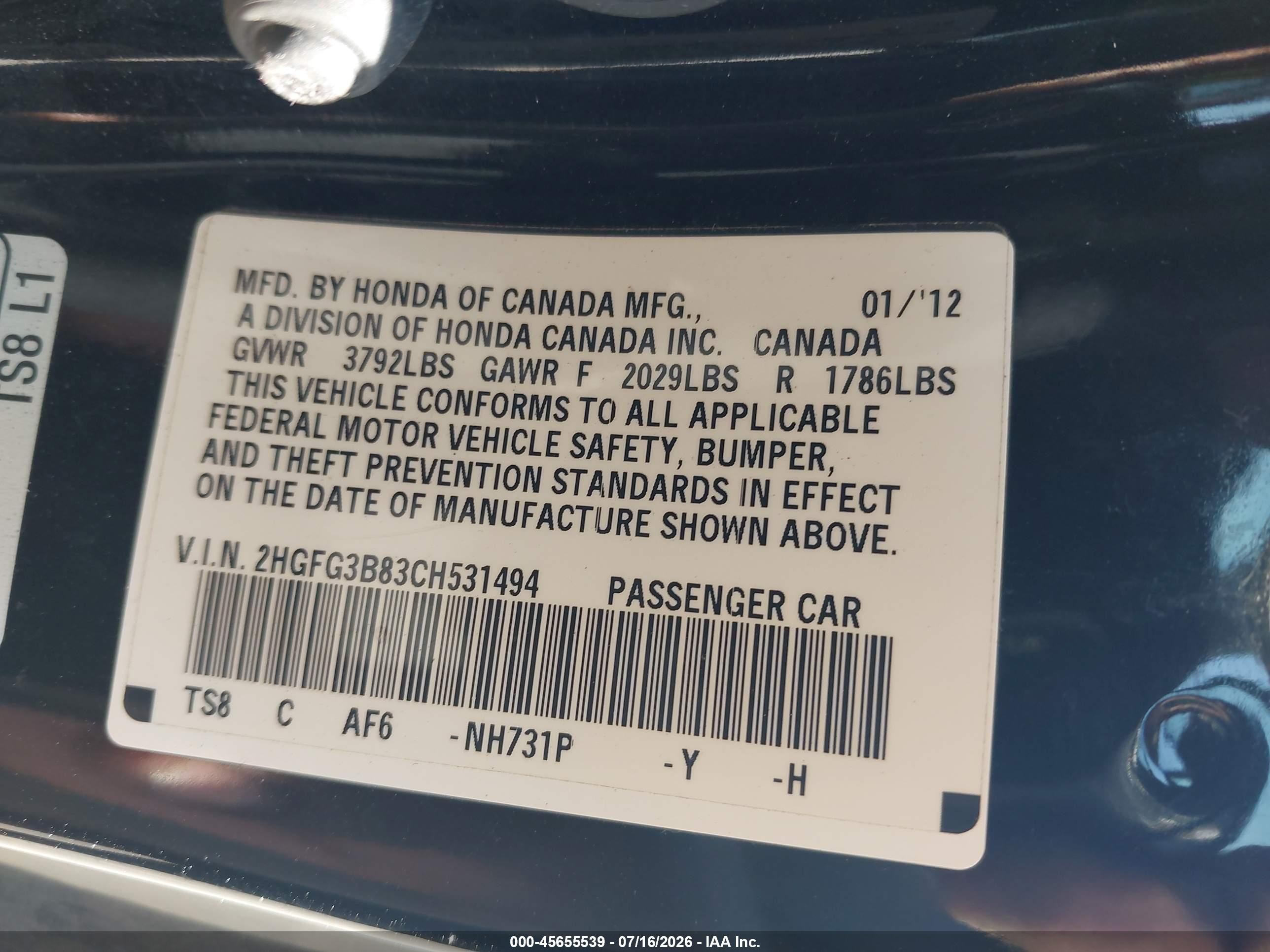2012 Honda Civic Ex Black vin: 2HGFG3B83CH531494