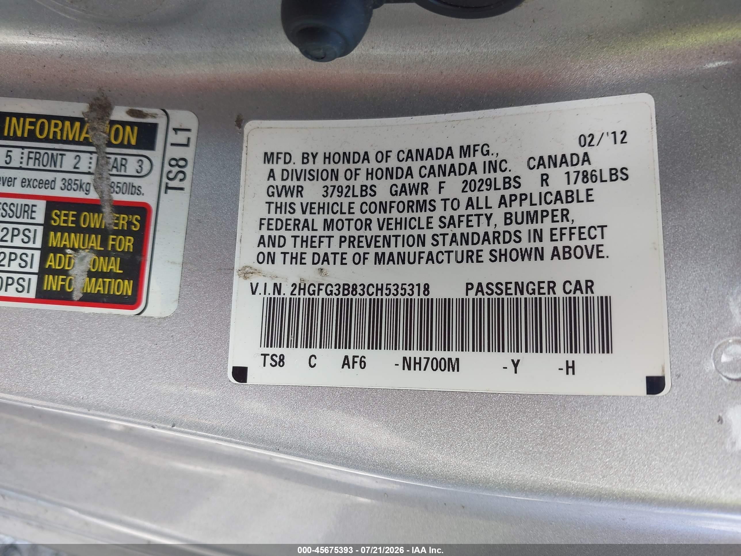 2012 Honda Civic Ex Silver vin: 2HGFG3B83CH535318