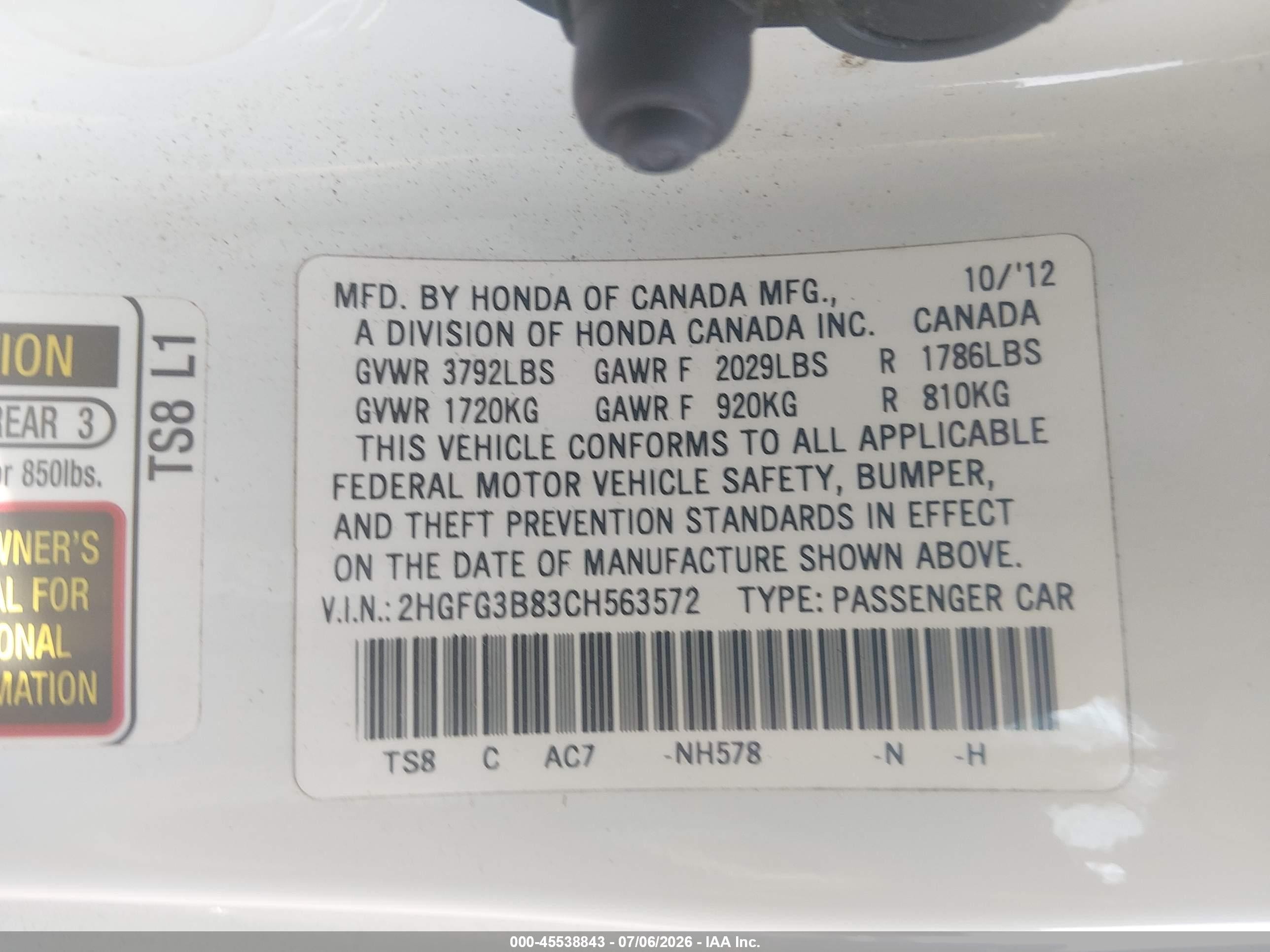 2012 Honda Civic Ex White vin: 2HGFG3B83CH563572