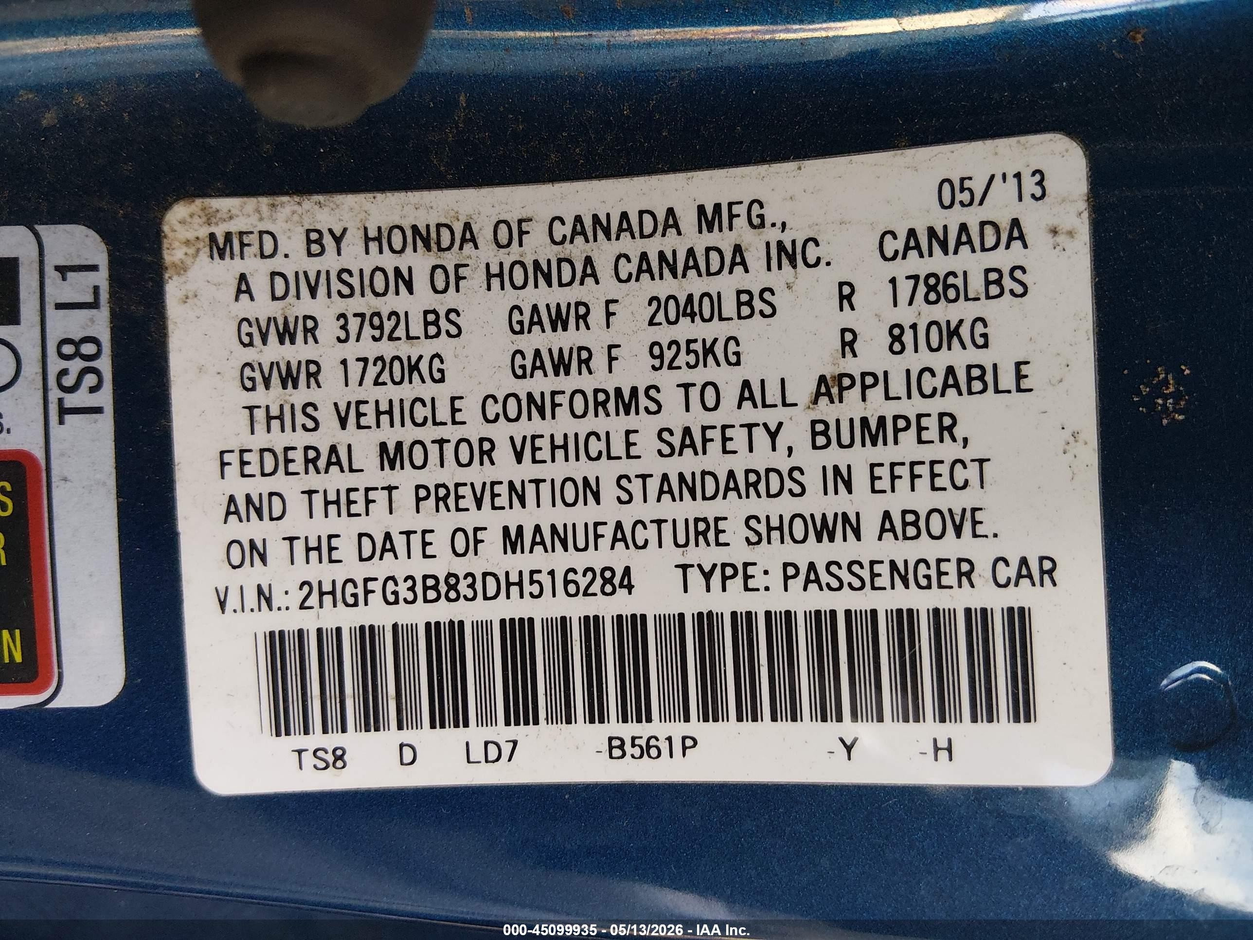 2013 Honda Civic Ex Blue vin: 2HGFG3B83DH516284