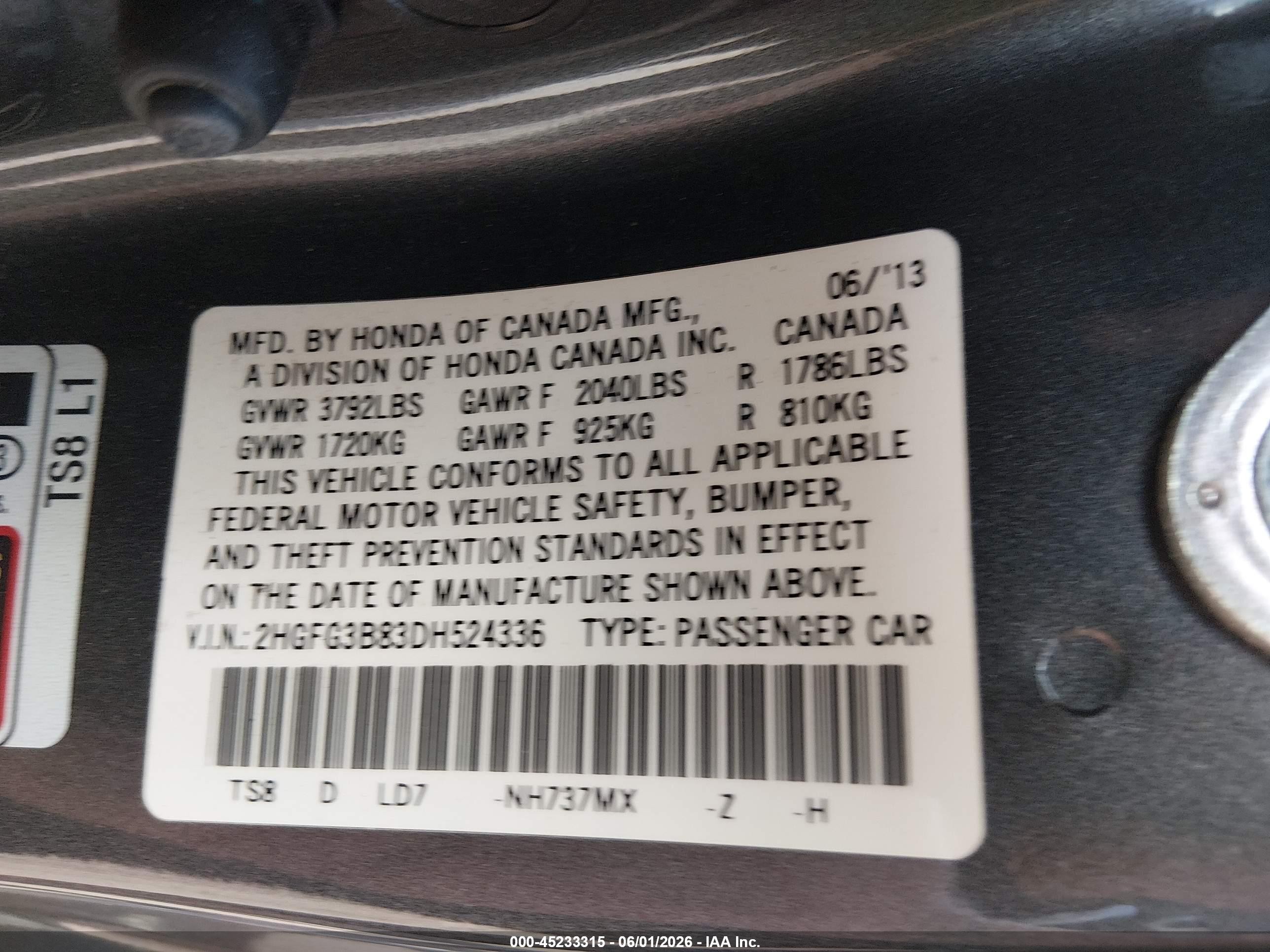 2013 Honda Civic Ex Gray vin: 2HGFG3B83DH524336