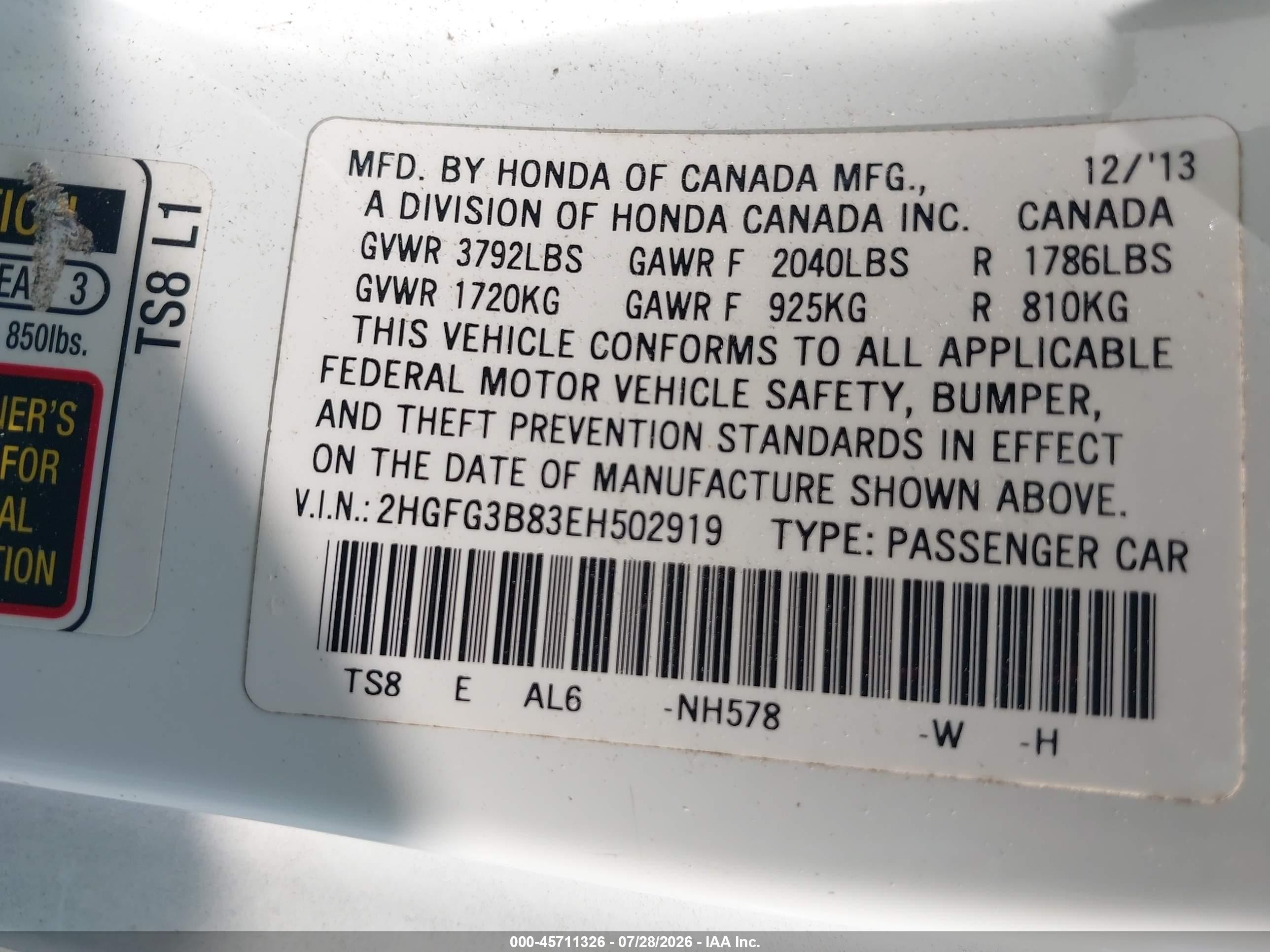 2014 Honda Civic Ex White vin: 2HGFG3B83EH502919