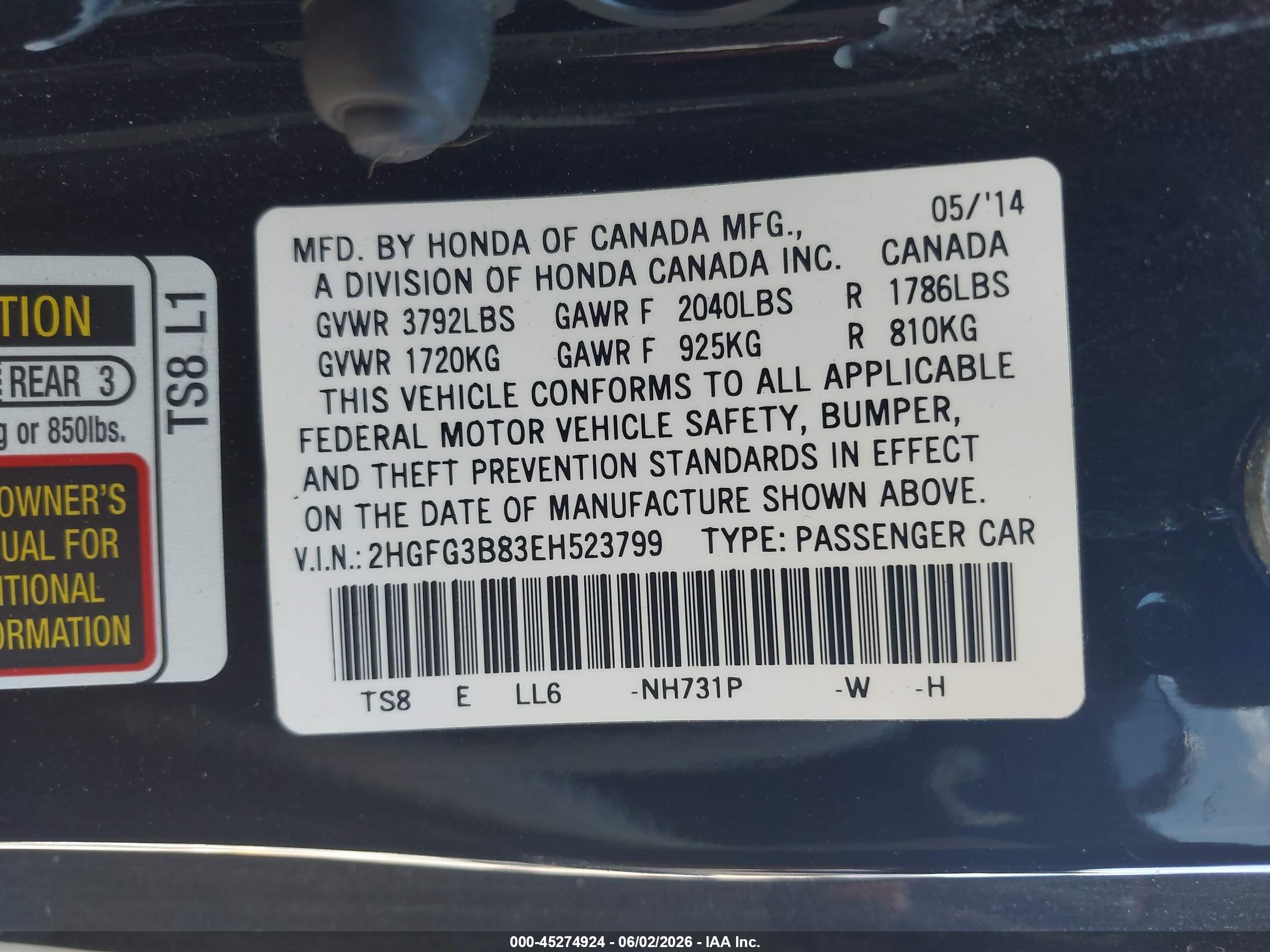 2014 Honda Civic Ex Black vin: 2HGFG3B83EH523799