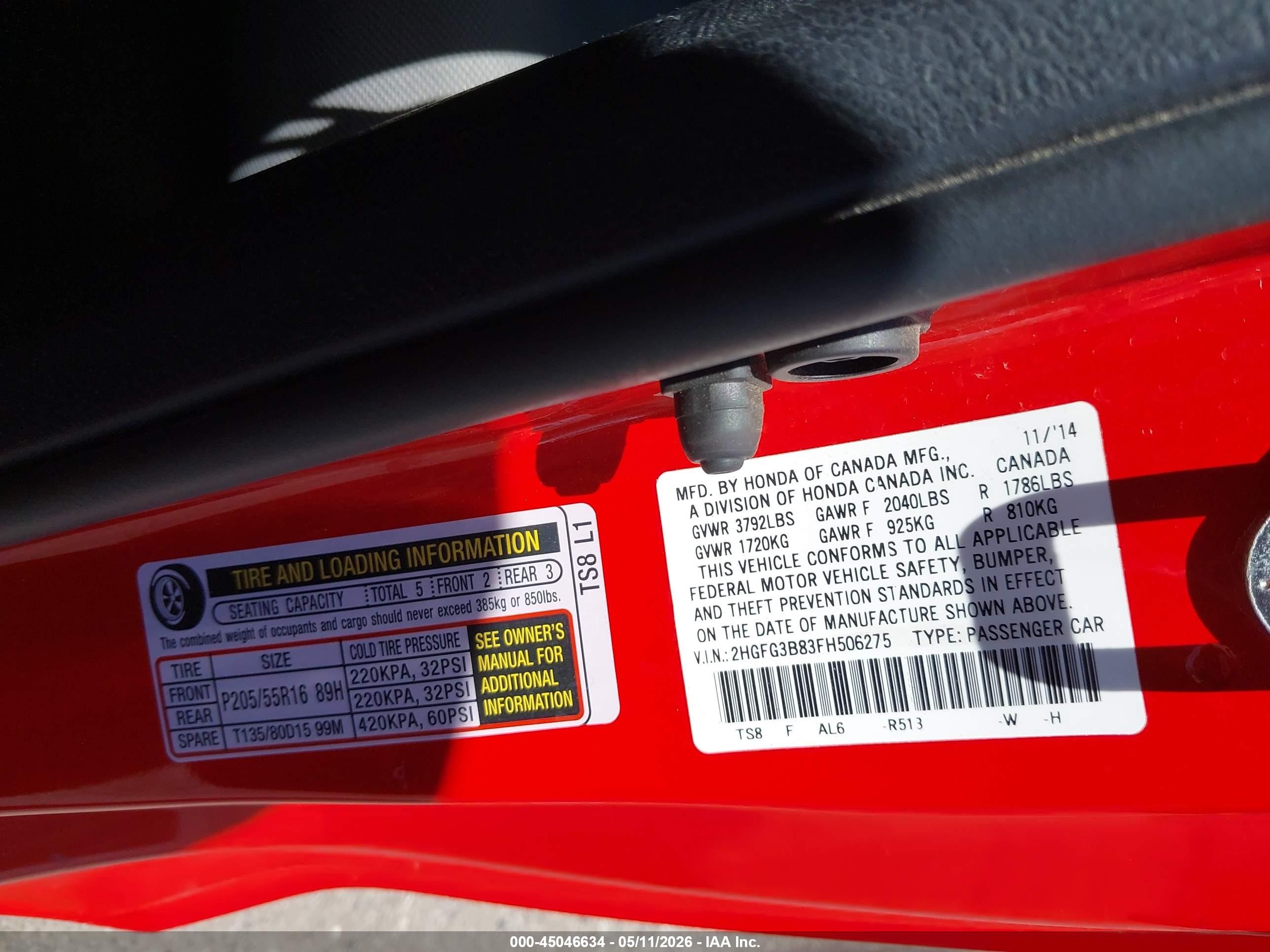 2015 Honda Civic Ex Красный vin: 2HGFG3B83FH506275