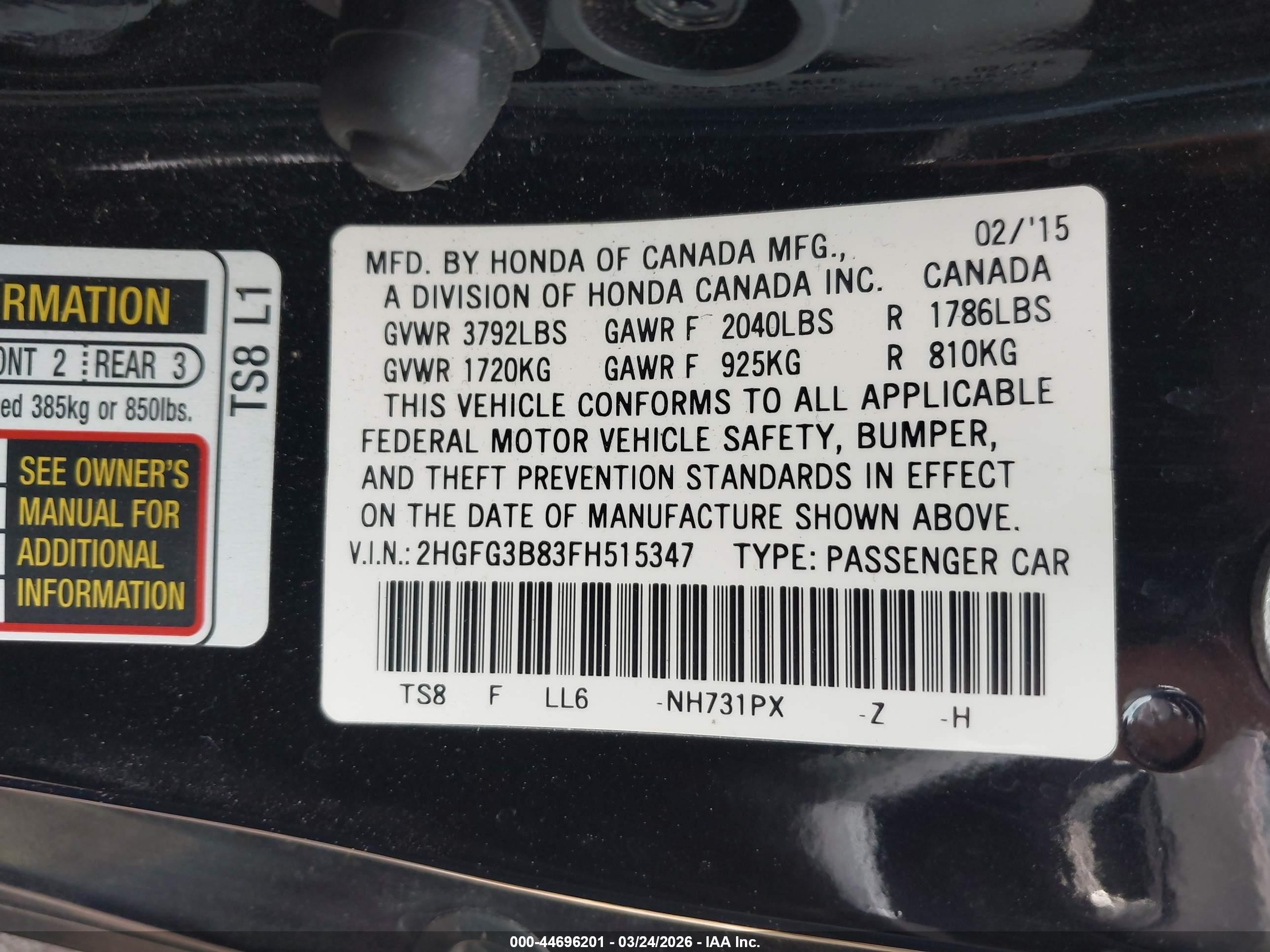 2015 Honda Civic Ex Black vin: 2HGFG3B83FH515347
