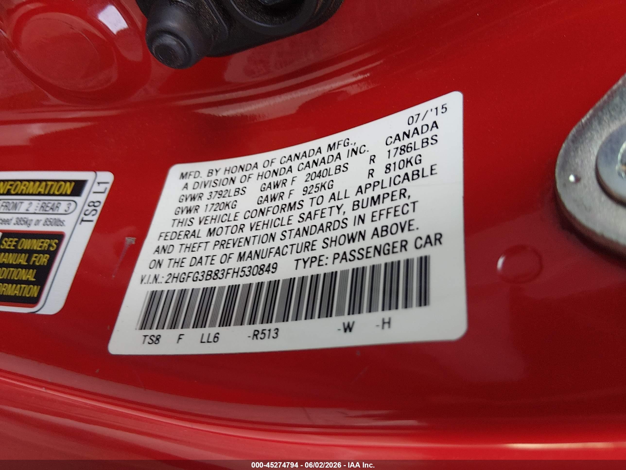 2015 Honda Civic Ex Red vin: 2HGFG3B83FH530849