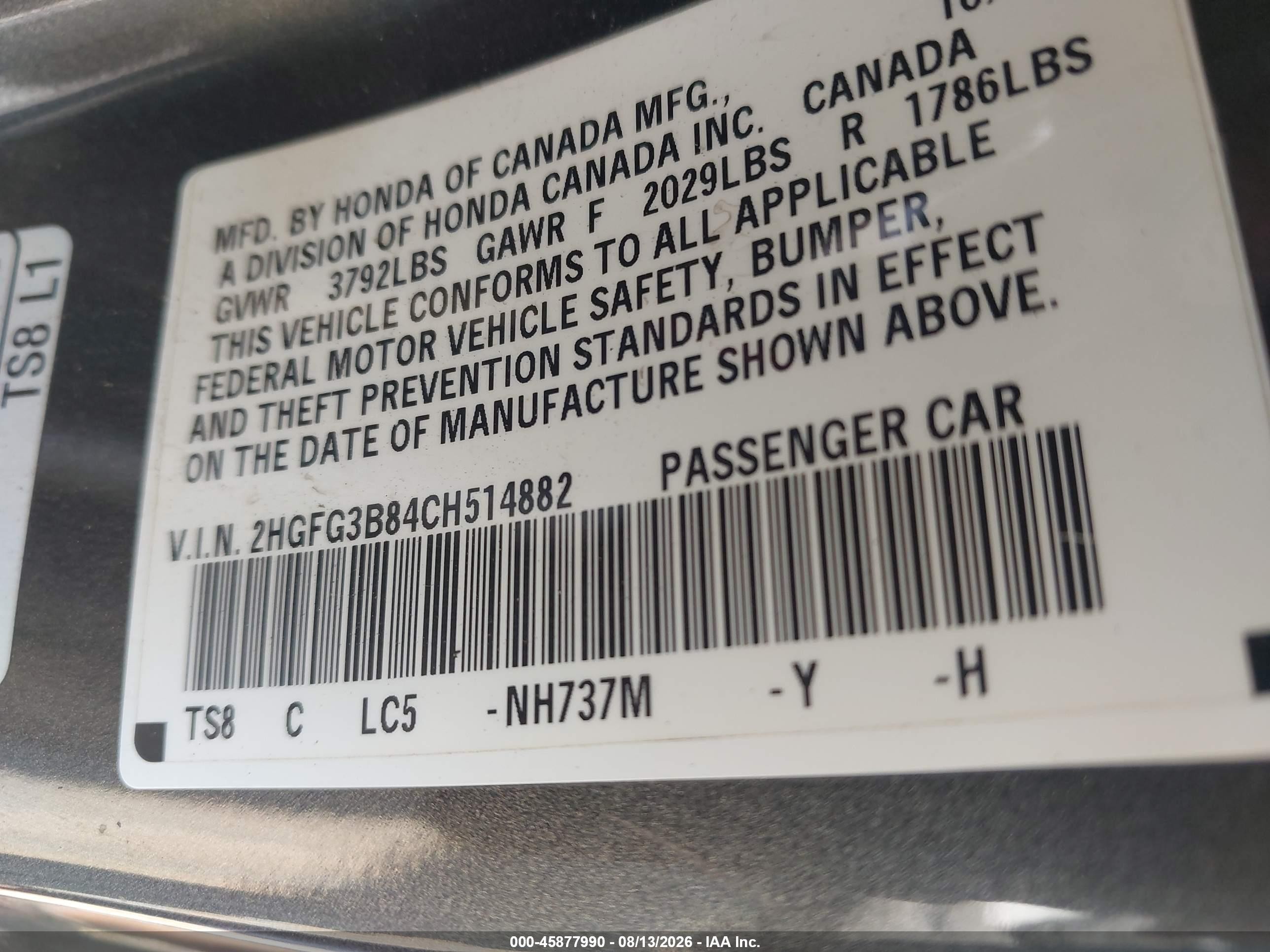 2012 Honda Civic Ex Gray vin: 2HGFG3B84CH514882