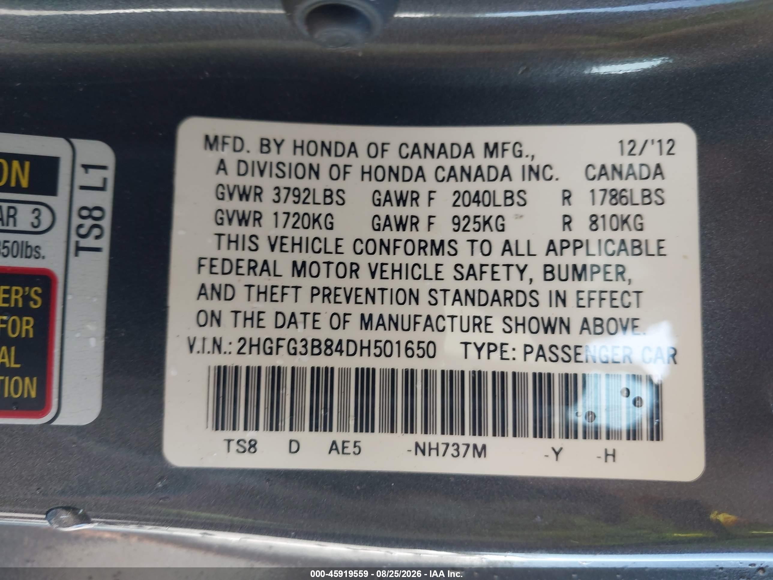 2013 Honda Civic Ex Gray vin: 2HGFG3B84DH501650