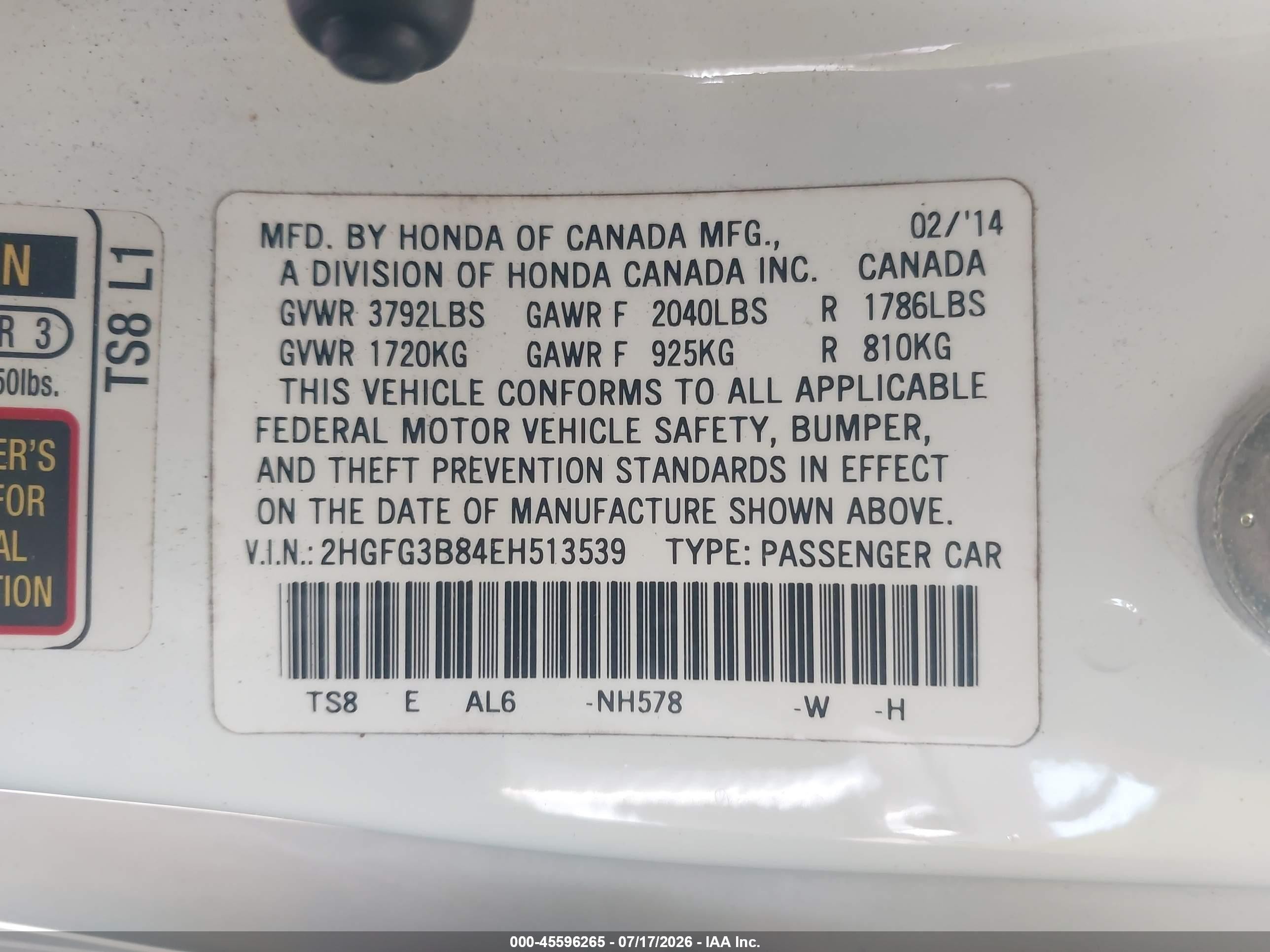 2014 Honda Civic Ex White vin: 2HGFG3B84EH513539