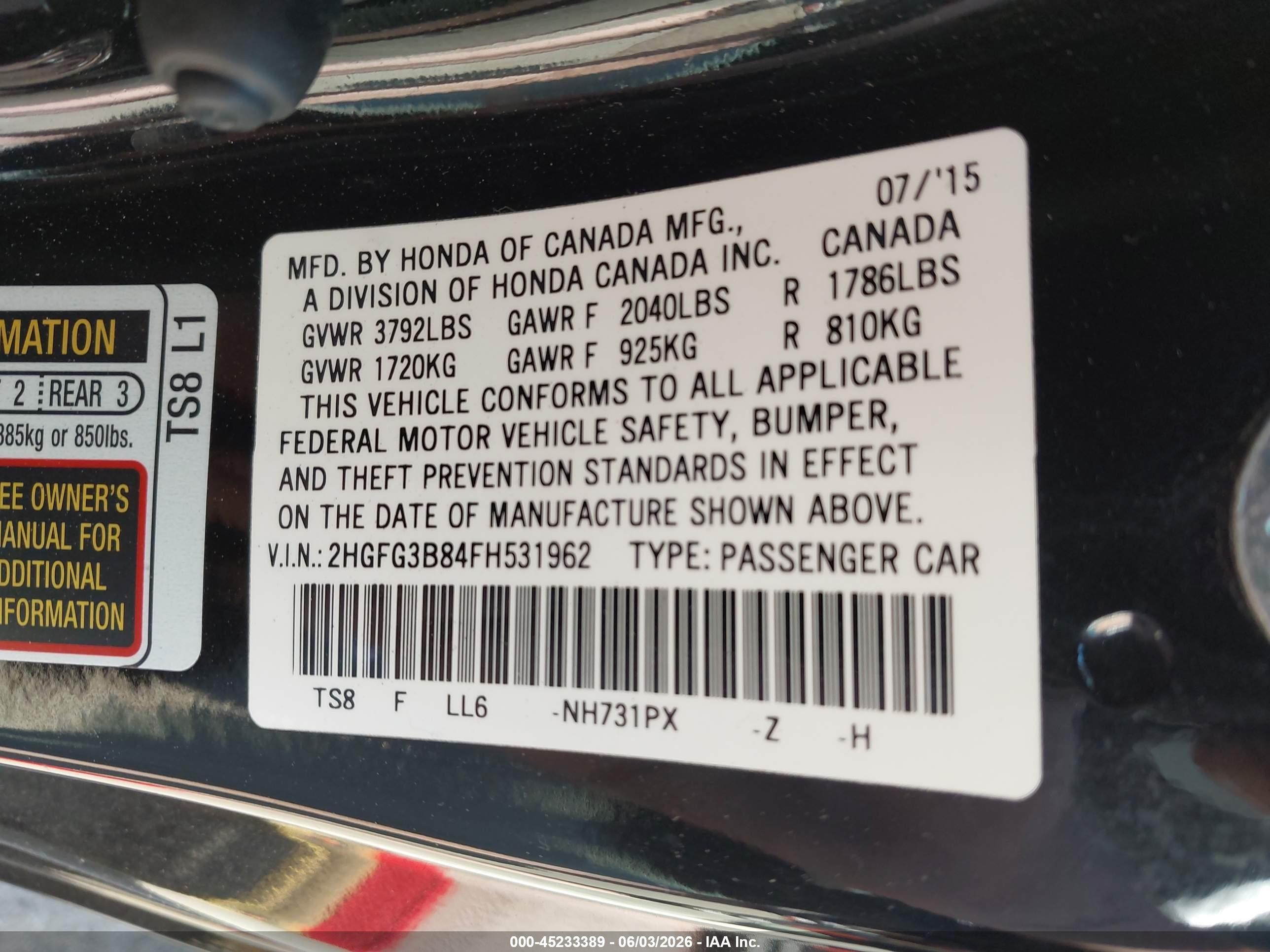 2015 Honda Civic Ex Black vin: 2HGFG3B84FH531962