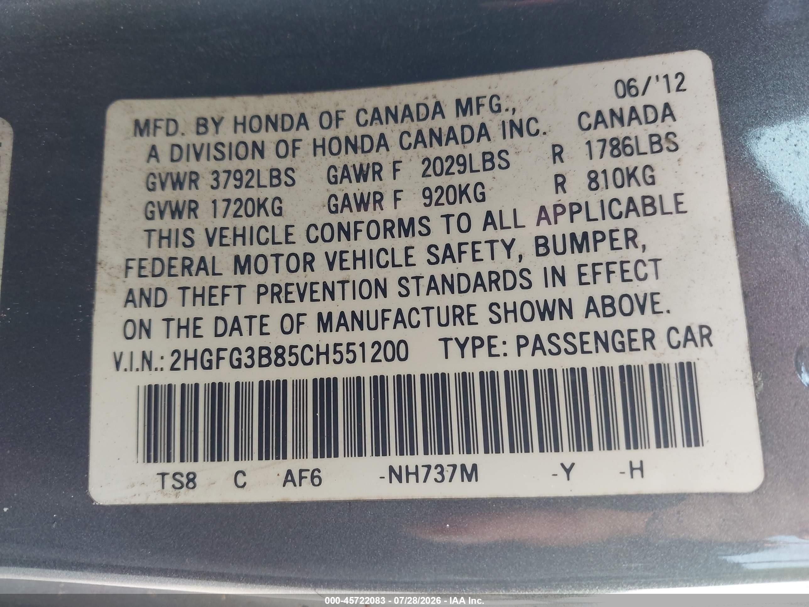 2012 Honda Civic Ex Gray vin: 2HGFG3B85CH551200