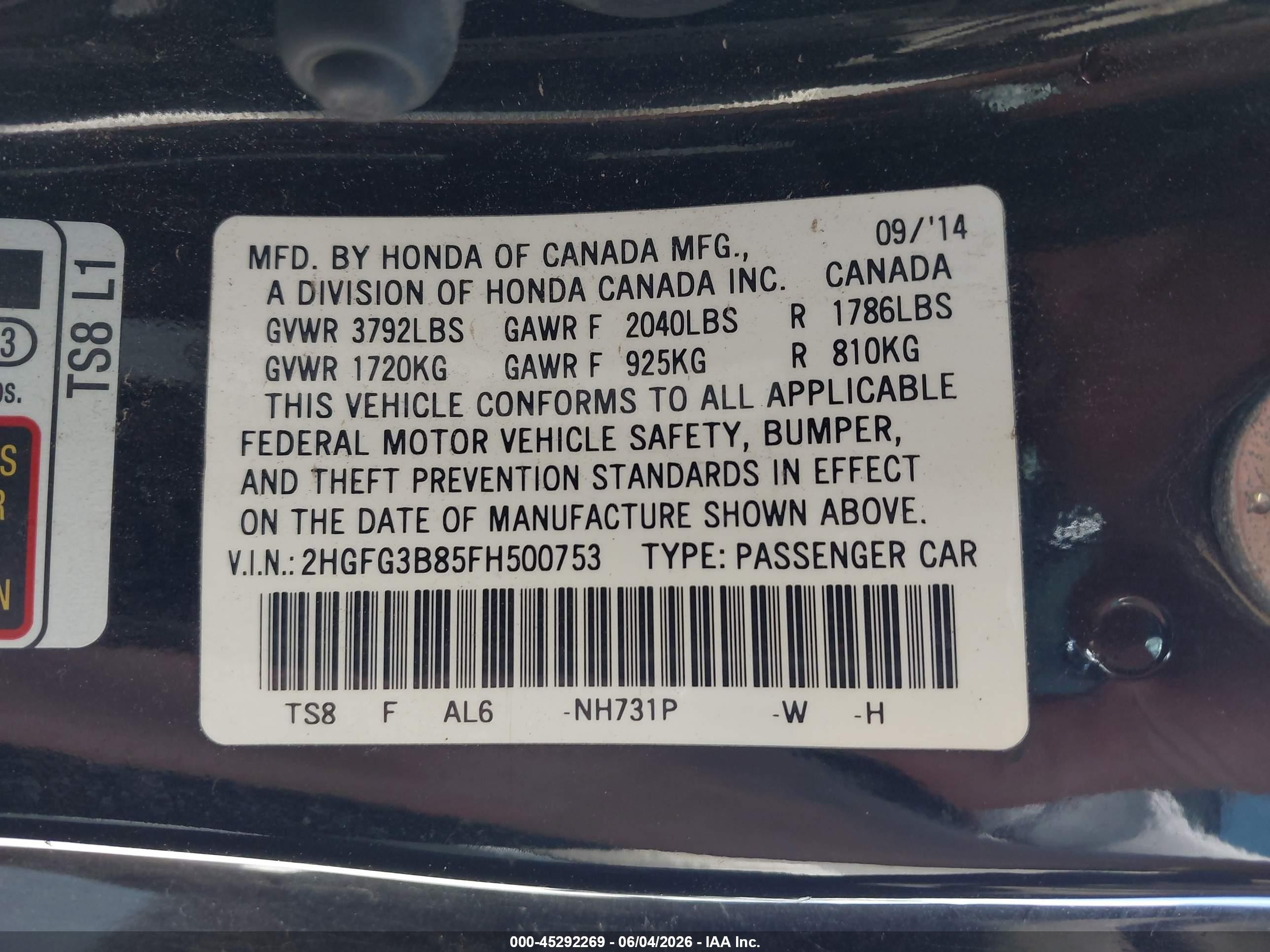 2015 Honda Civic Ex Black vin: 2HGFG3B85FH500753
